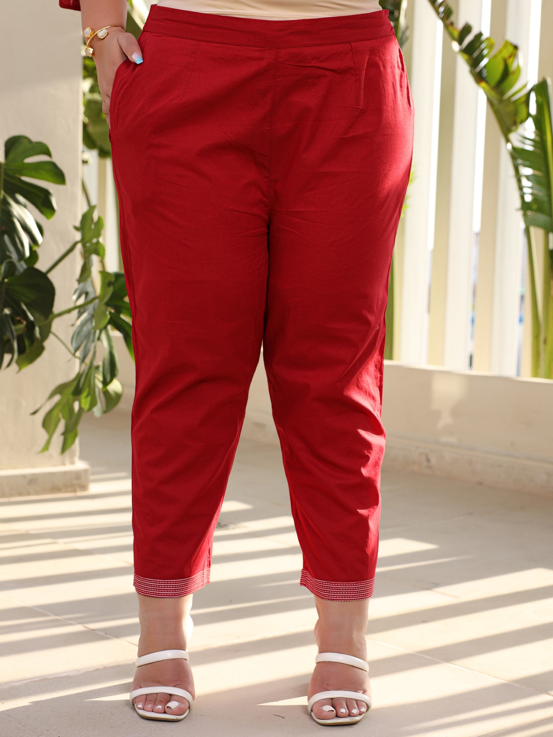 Juniper Women Red Ethnic Motif Printed A-Line Cotton Plus Size Kurta Pants & Dupatta Set With Pintucks At Front & Beadwork (3-Pcs)