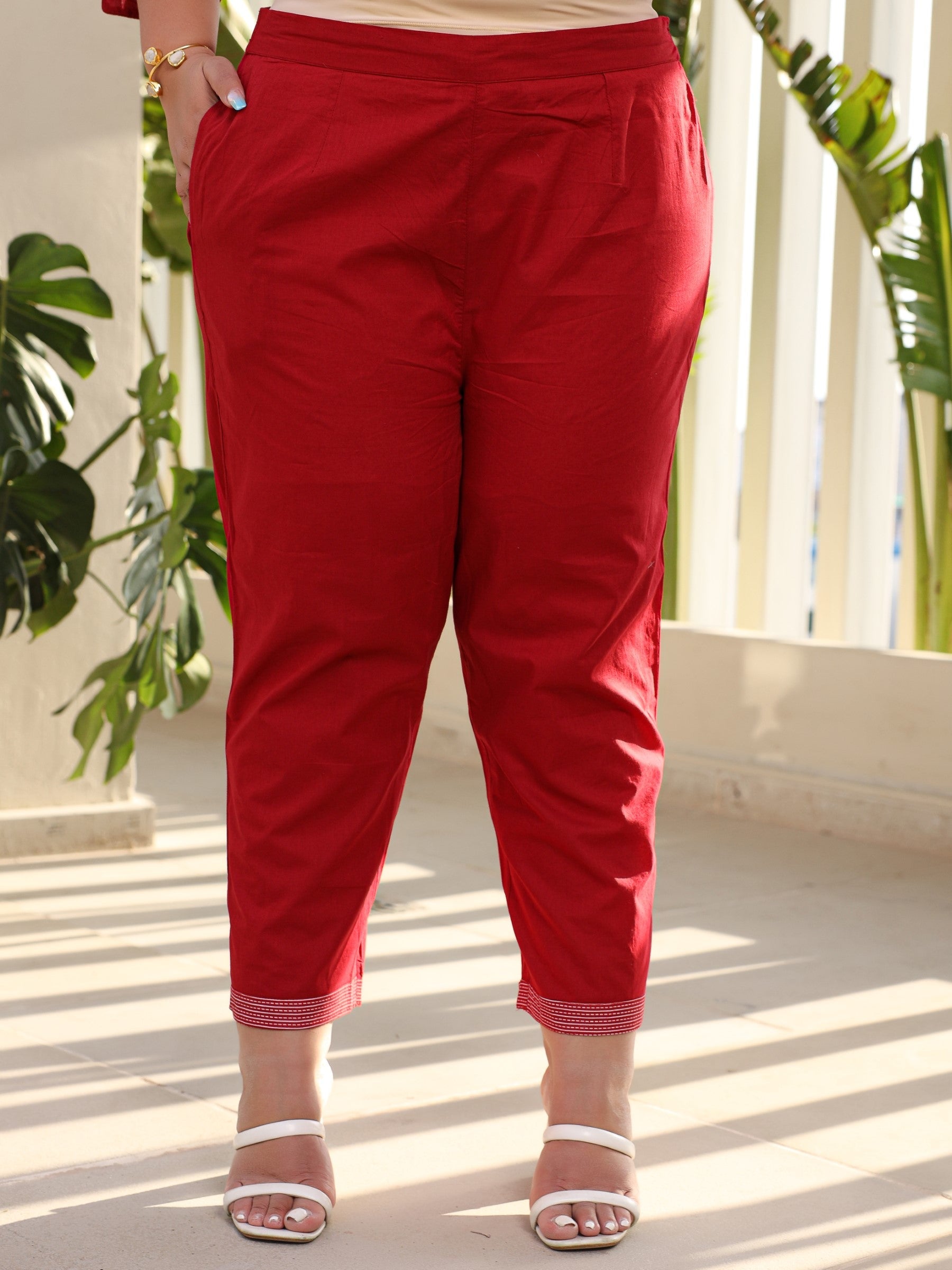 Juniper Women Red Ethnic Motif Printed A-Line Cotton Plus Size Kurta Pants & Dupatta Set With Pintucks At Front & Beadwork (3-Pcs)