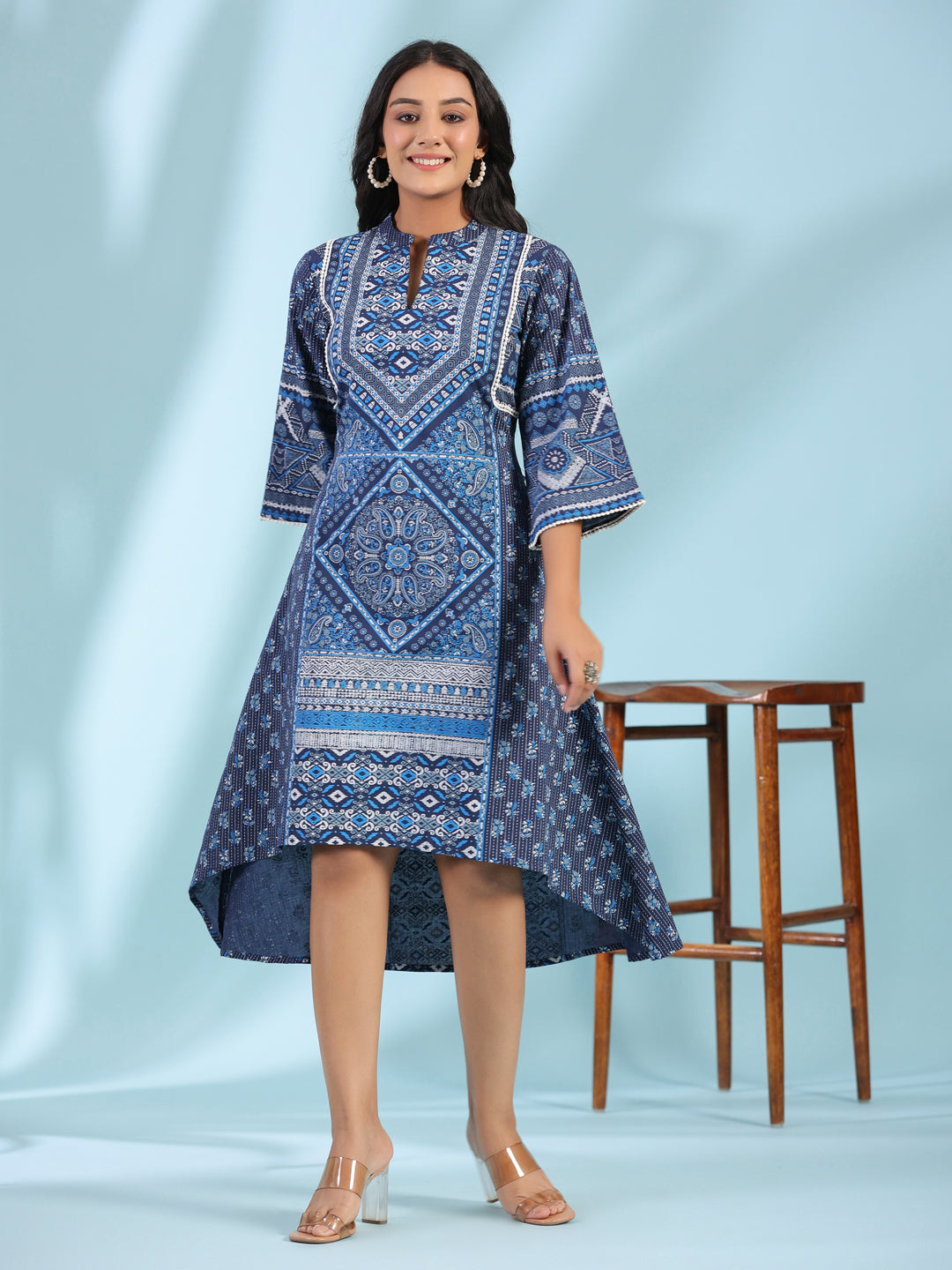 Blue Cotton Cambric Printed Asymmetric Midi Dress