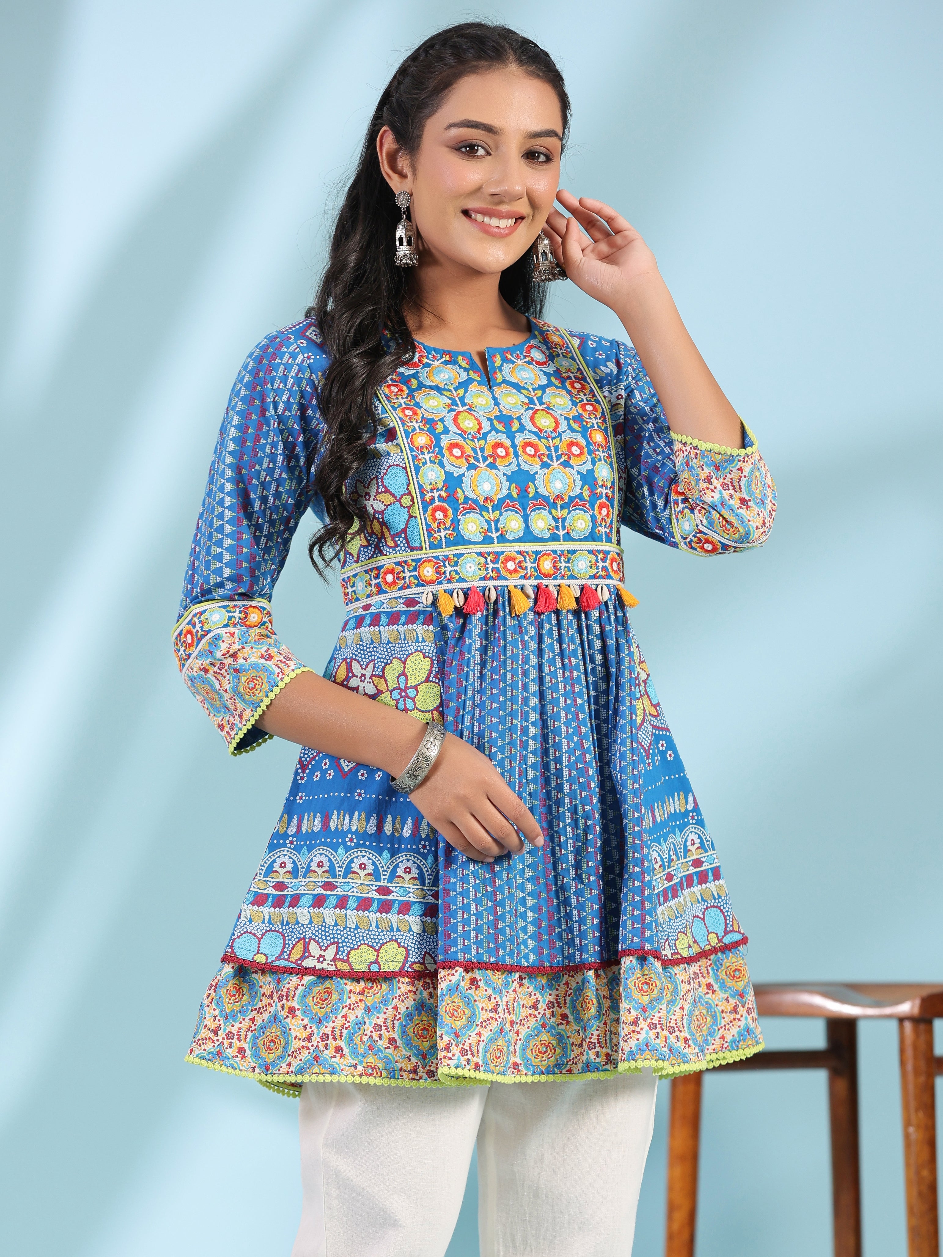 Juniper Women Blue Cotton Cambric Print with Embroidery Peplum Tunic