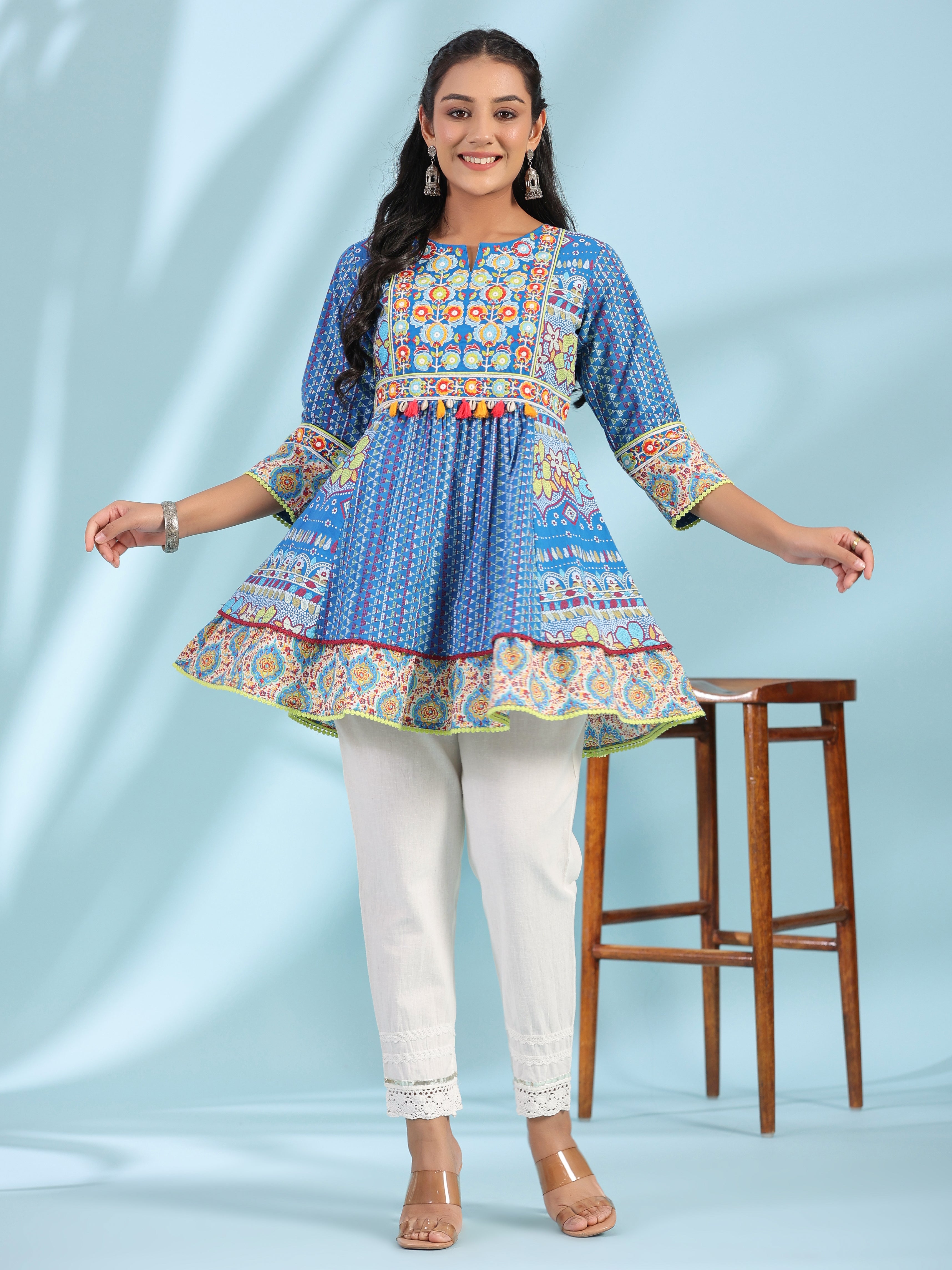 Juniper Women Blue Cotton Cambric Print with Embroidery Peplum Tunic