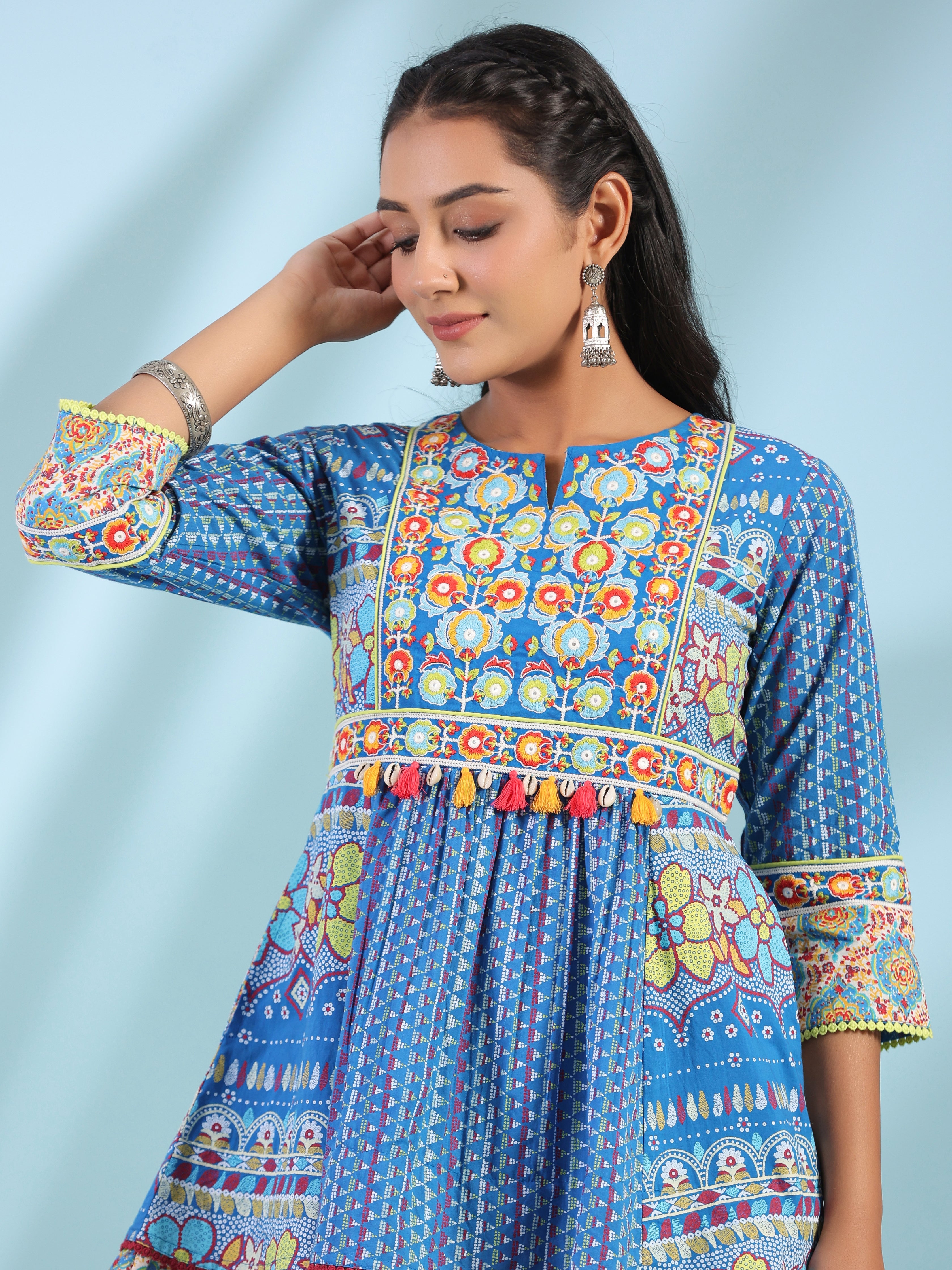 Juniper Women Blue Cotton Cambric Print with Embroidery Peplum Tunic