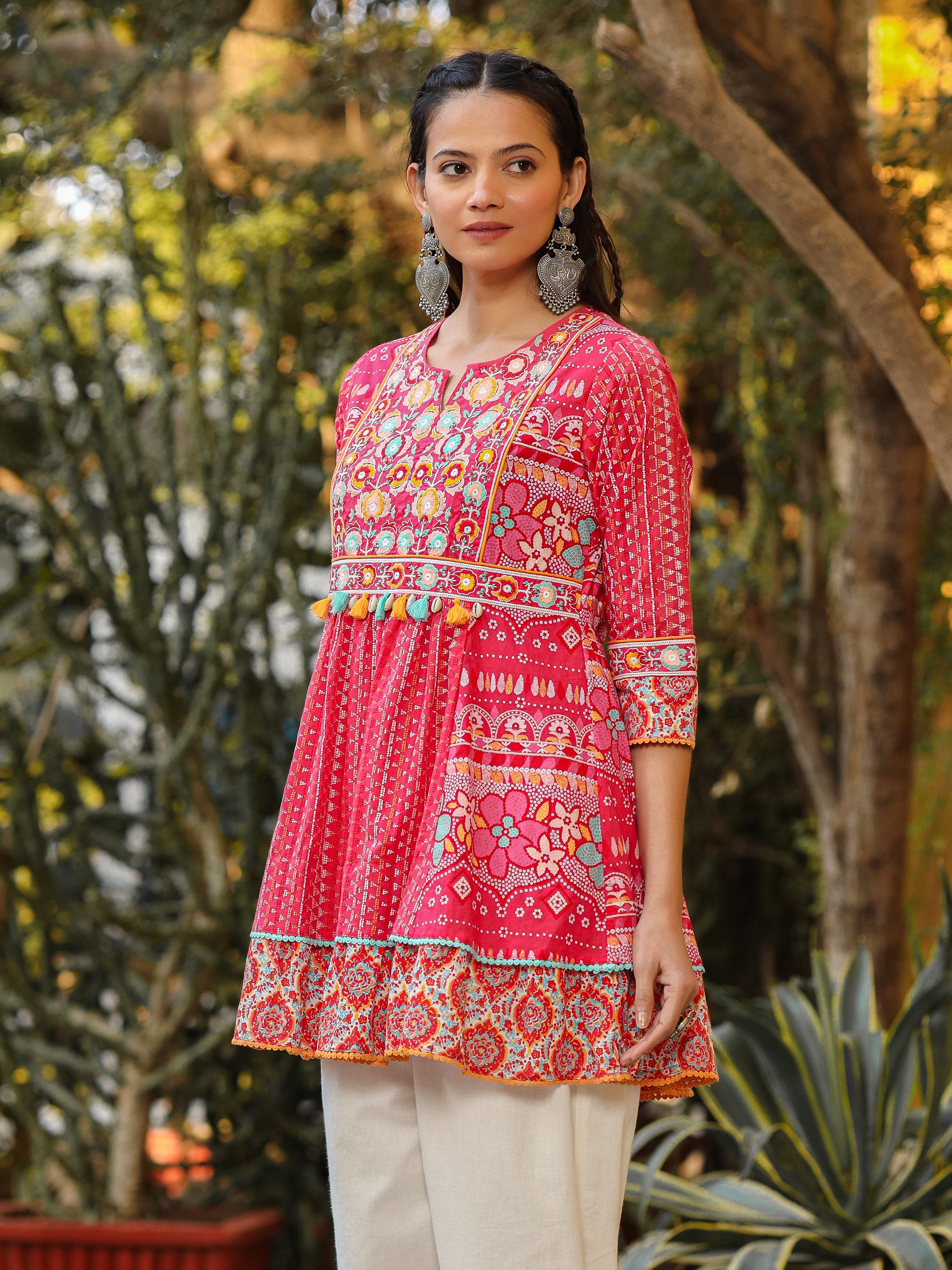 Pink Cotton Cambric printed & Embroidered Tunic