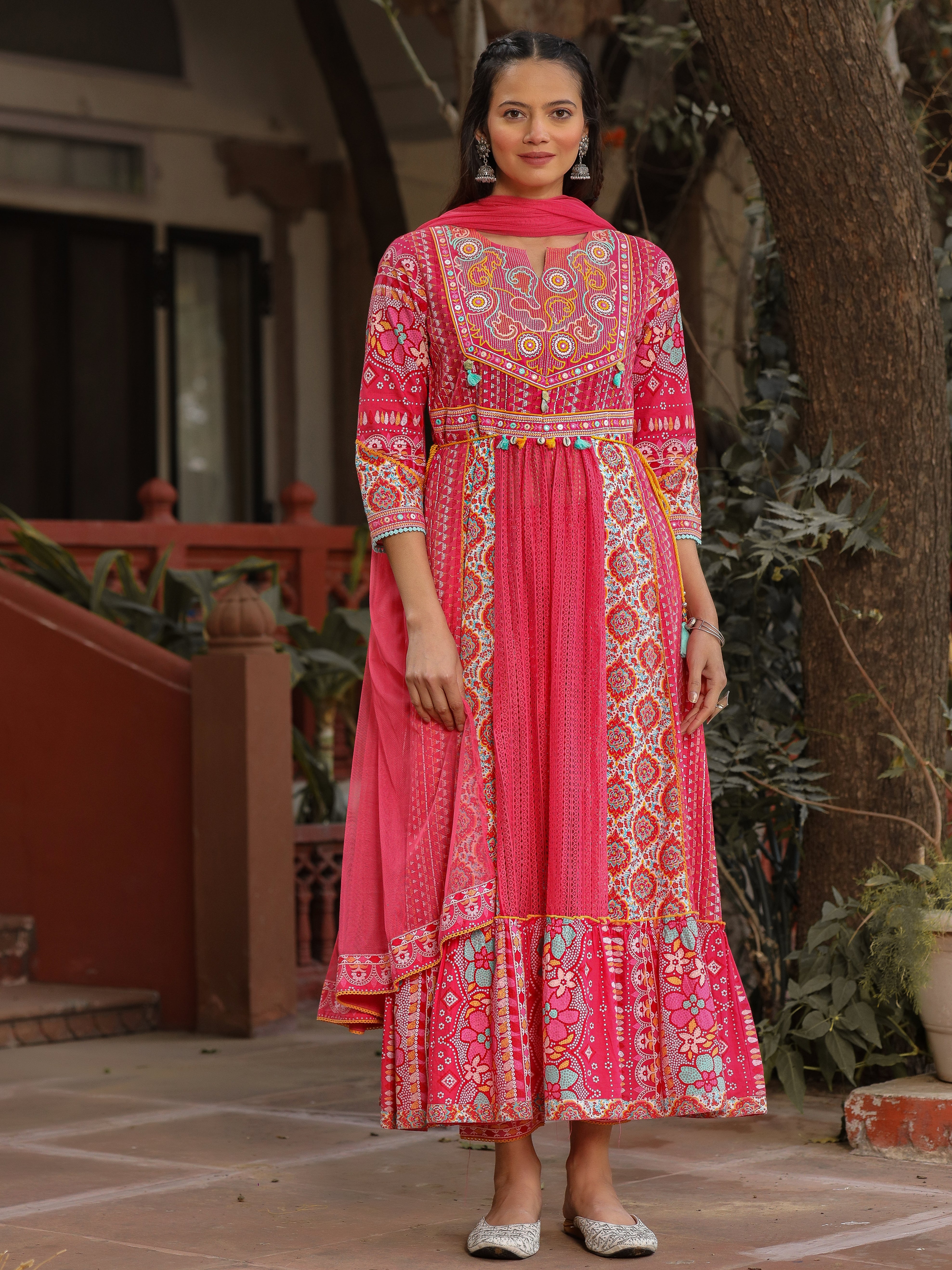 Juniper Pink Floral Printed Pure Cotton Anarkali Kurta Pants & Dupatta Set With Thread Work