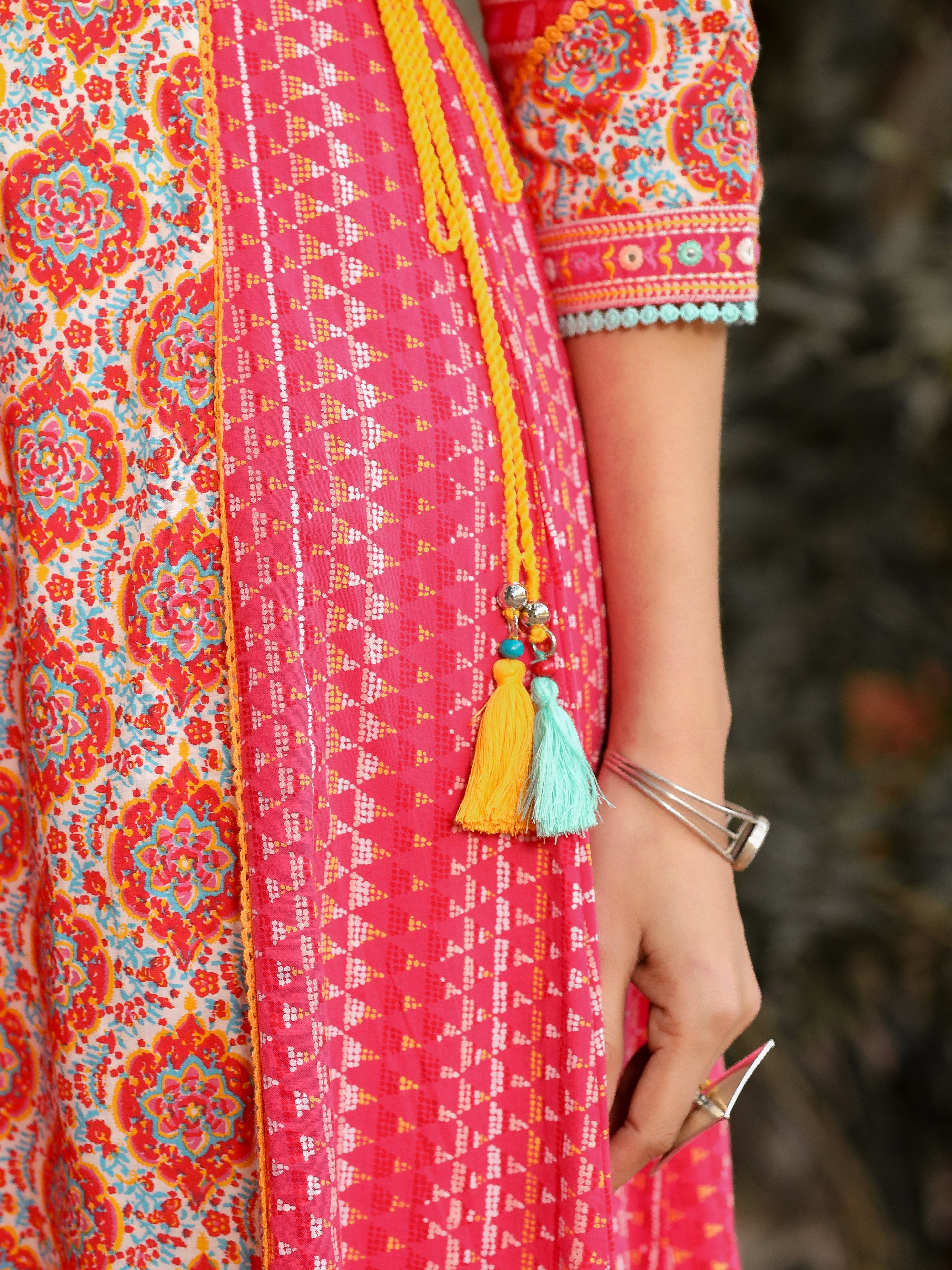 Juniper Pink Floral Printed Pure Cotton Anarkali Kurta Pants & Dupatta Set With Thread Work