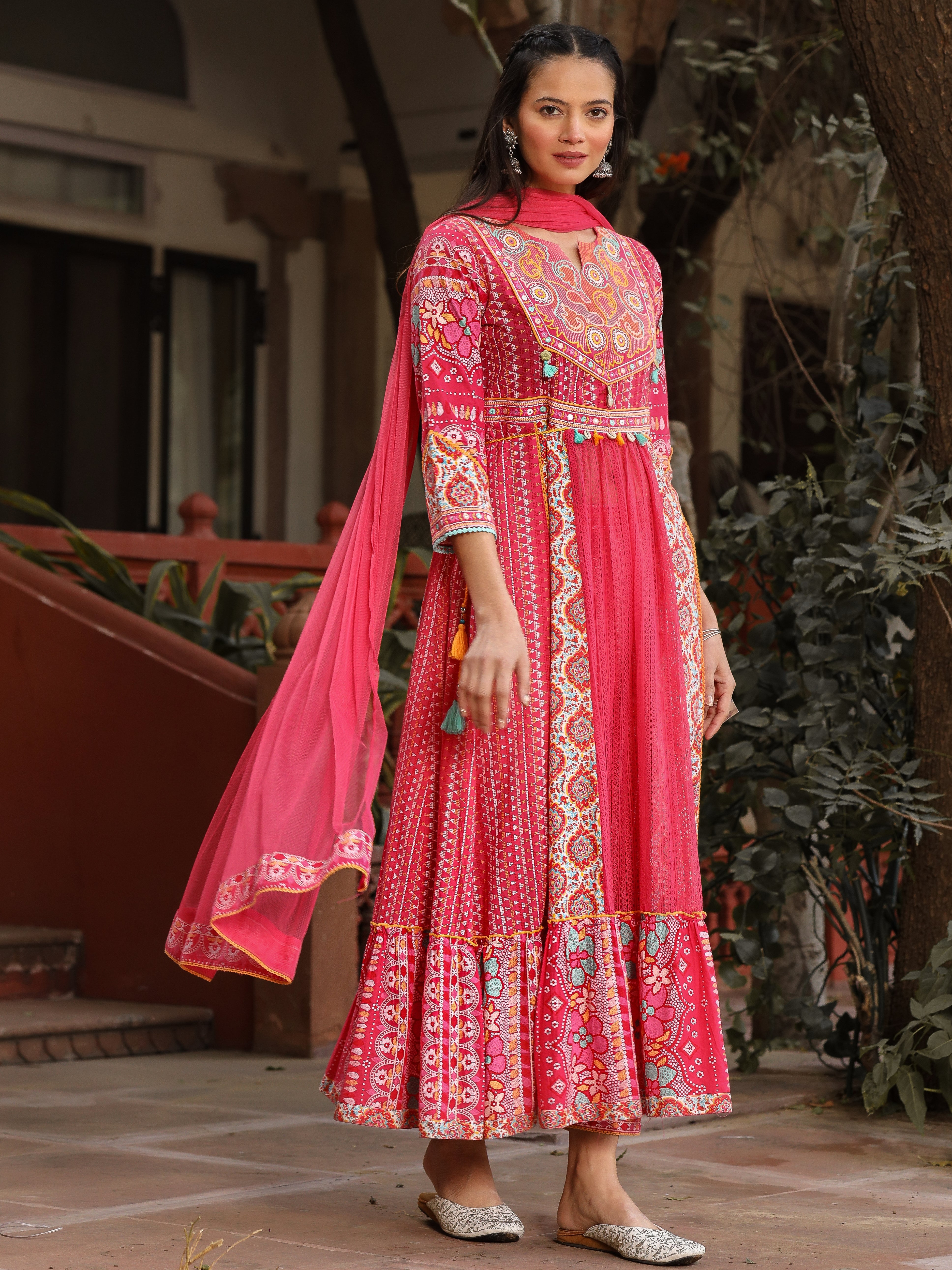 Juniper Pink Floral Printed Pure Cotton Anarkali Kurta Pants & Dupatta Set With Thread Work