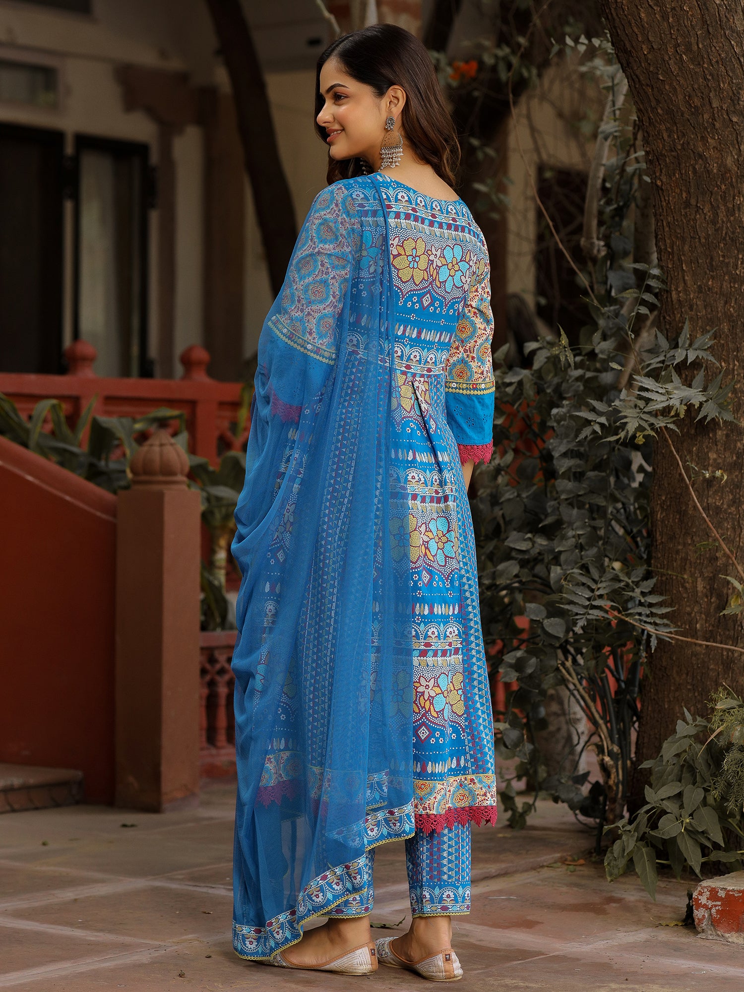 Blue Cotton Cambric & Net Floral Print with Embroidery Flared Kurta Set