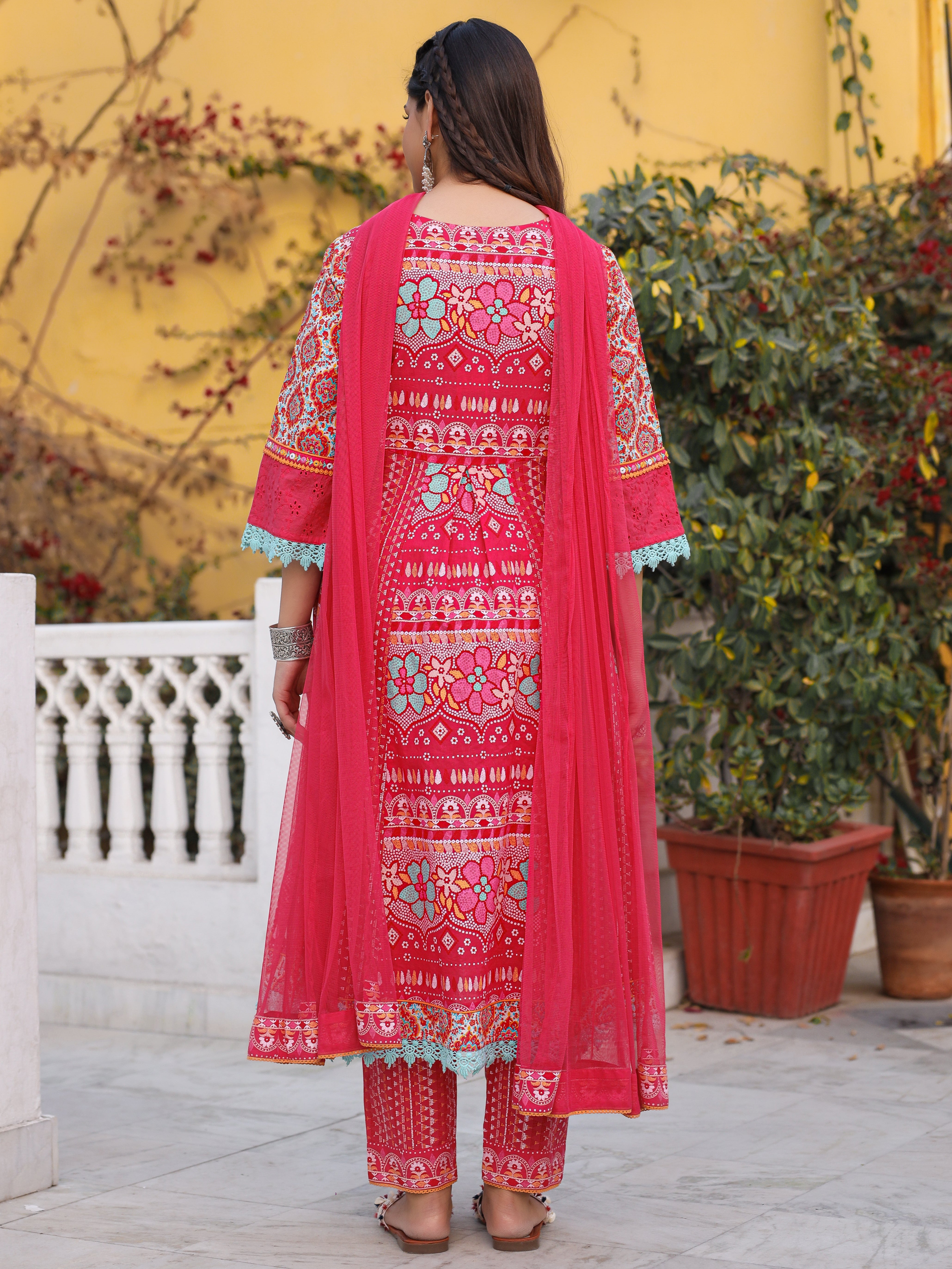 Juniper Sujani Pink Cotton & Net Floral Printed & Embroidered Panelled Kurta With Pants And Dupatta Set