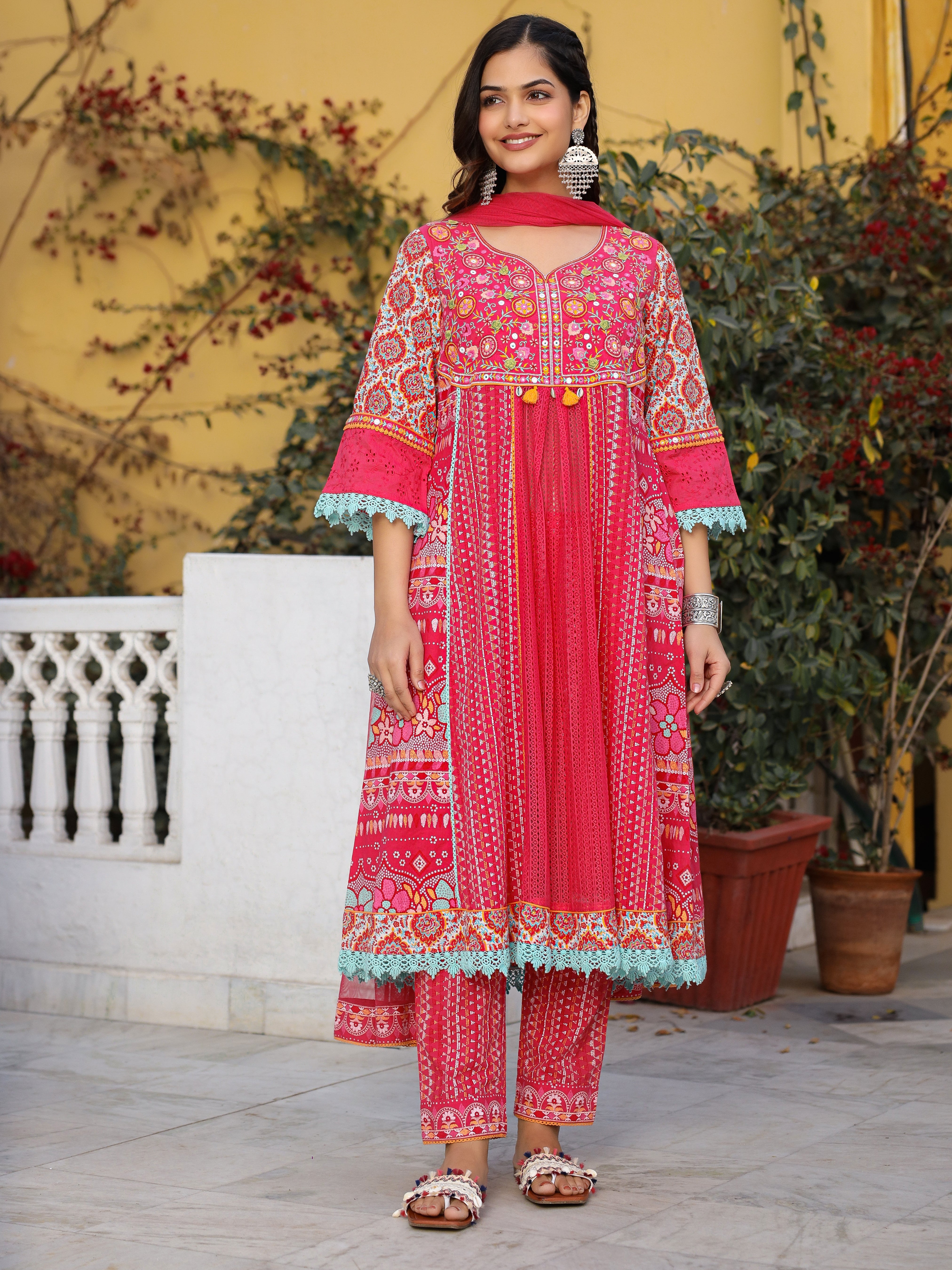 Juniper Sujani Pink Cotton & Net Floral Printed & Embroidered Panelled Kurta With Pants And Dupatta Set