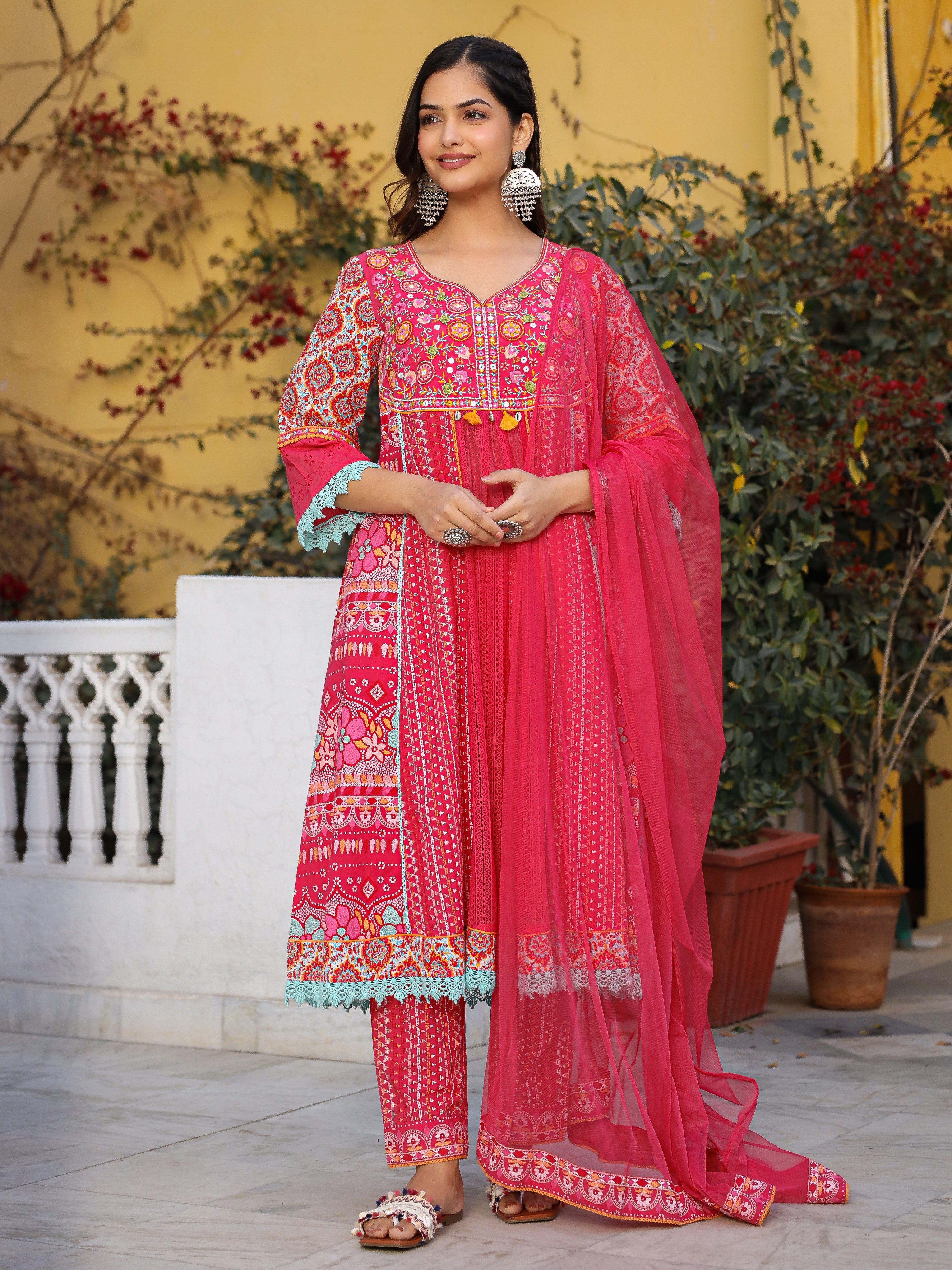 Juniper Sujani Pink Cotton & Net Floral Printed & Embroidered Panelled Kurta With Pants And Dupatta Set
