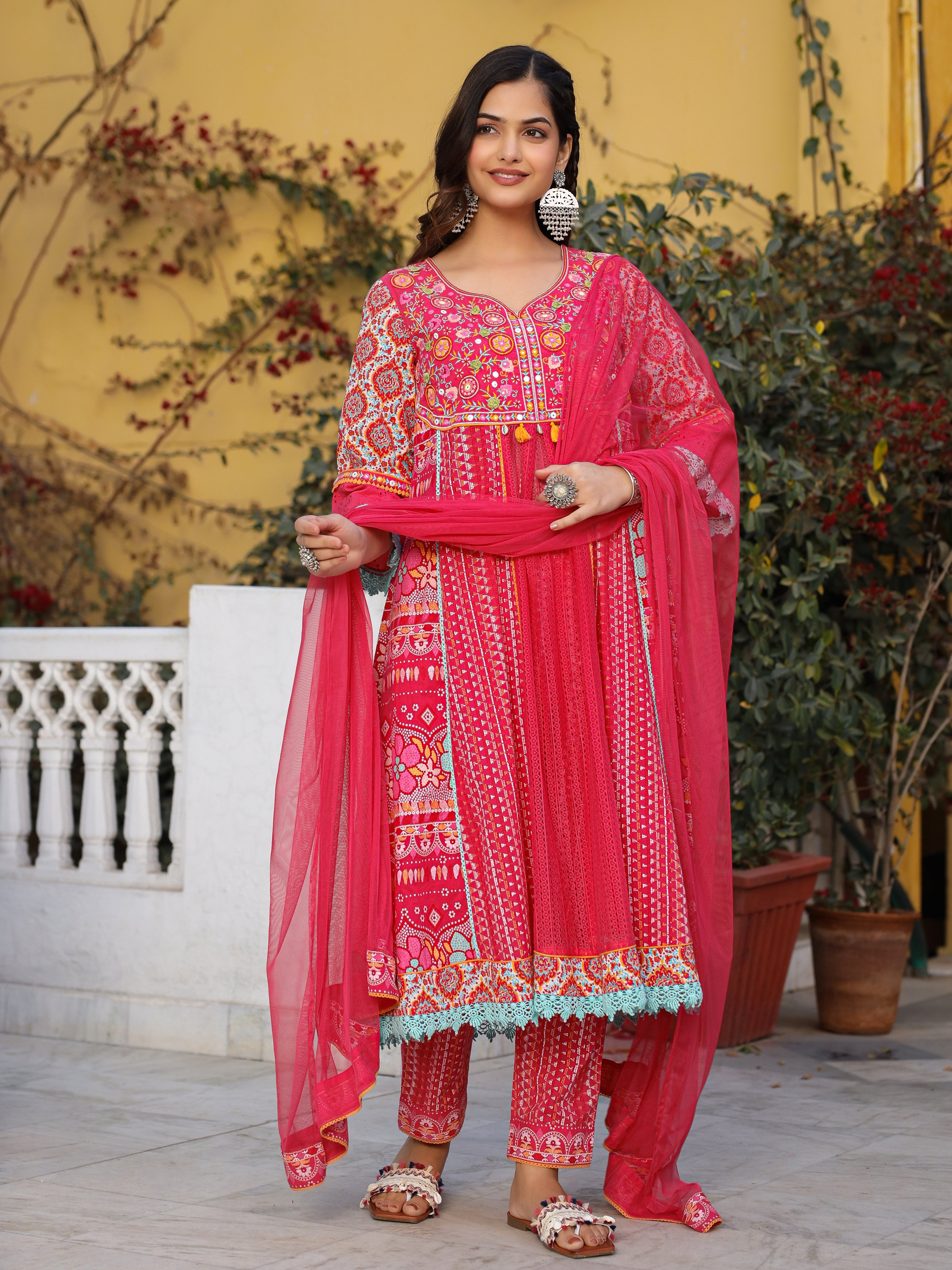 Juniper Sujani Pink Cotton & Net Floral Printed & Embroidered Panelled Kurta With Pants And Dupatta Set