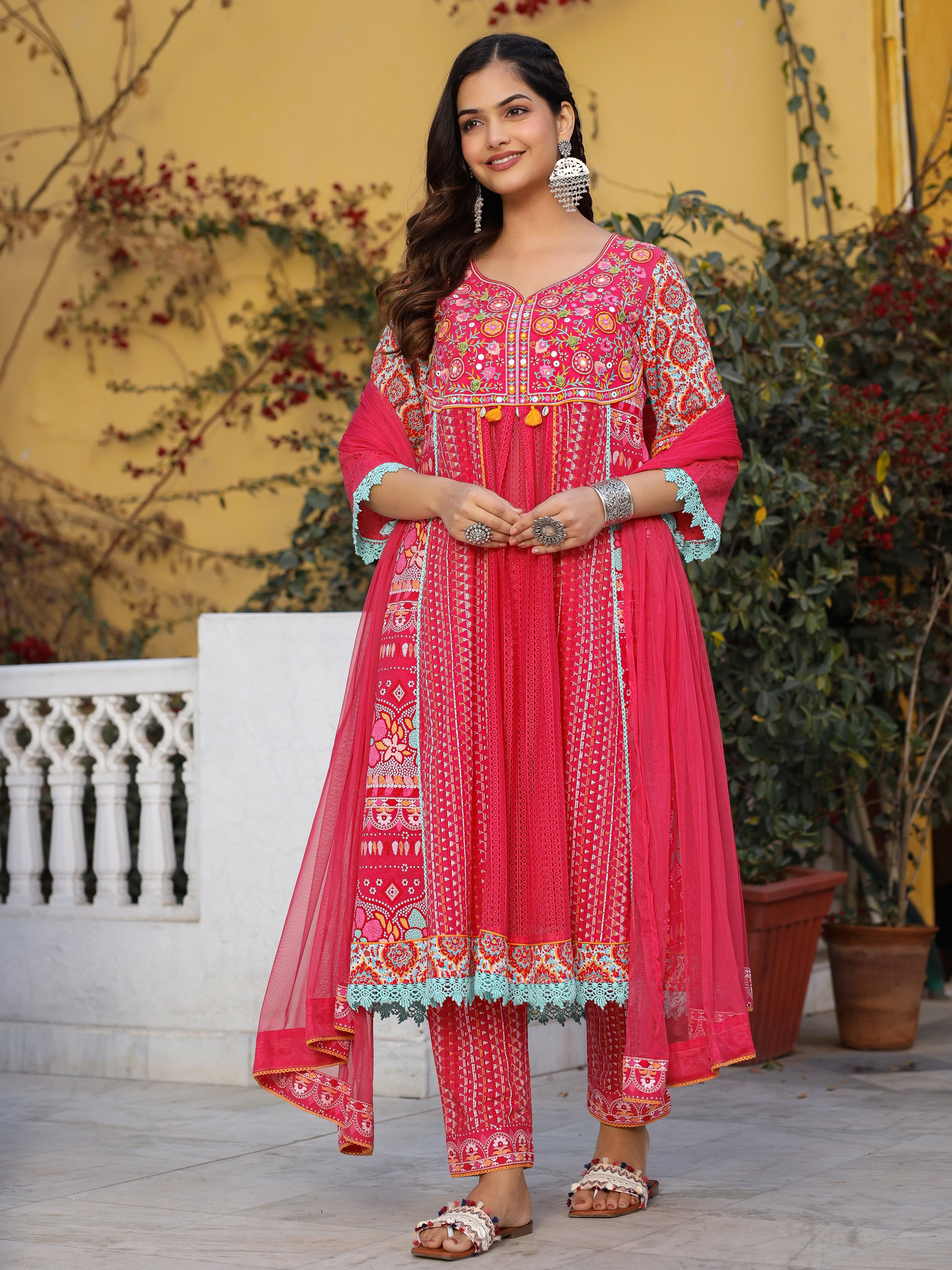 Juniper Sujani Pink Cotton & Net Floral Printed & Embroidered Panelled Kurta With Pants And Dupatta Set