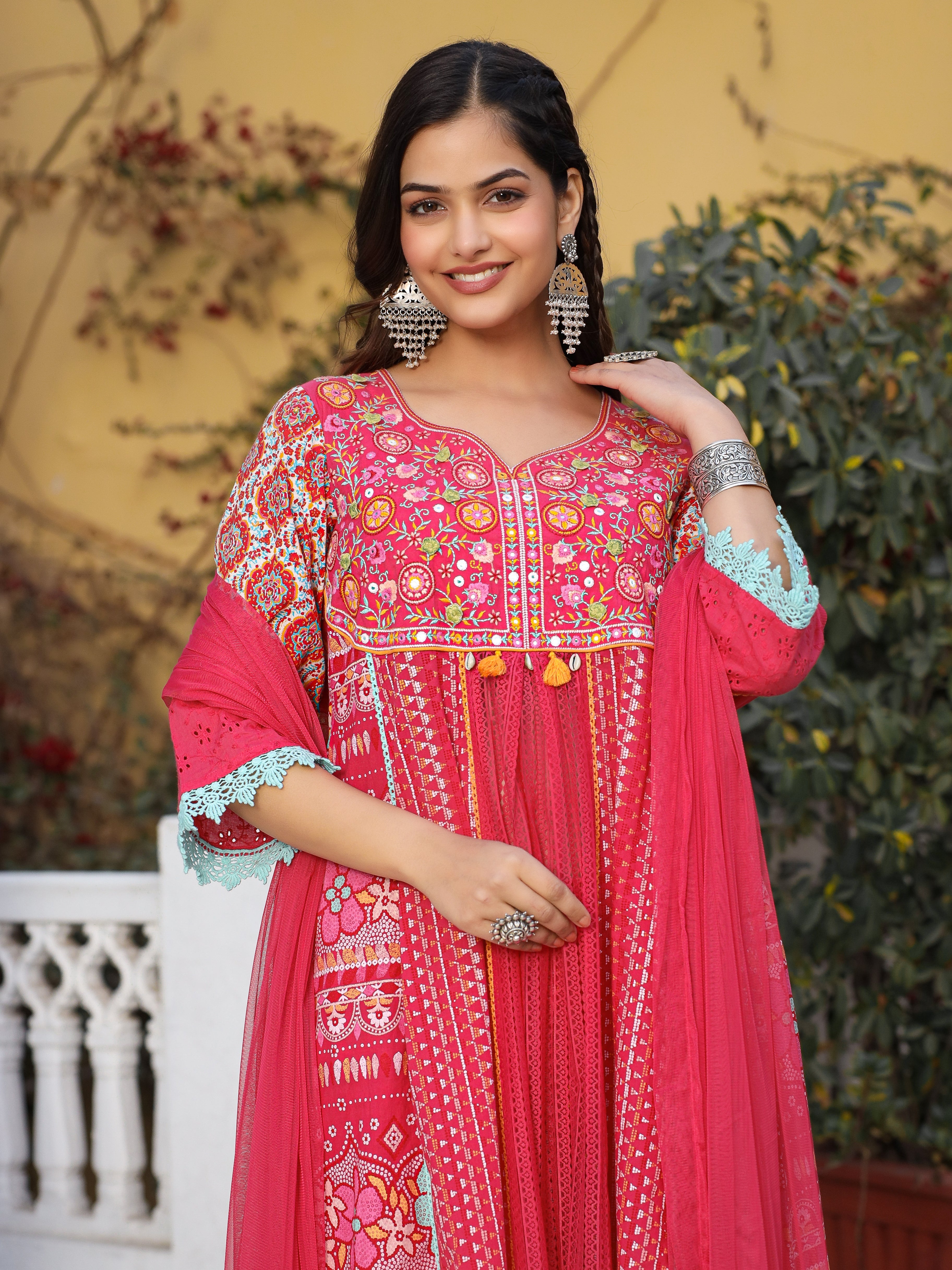 Juniper Sujani Pink Cotton & Net Floral Printed & Embroidered Panelled Kurta With Pants And Dupatta Set