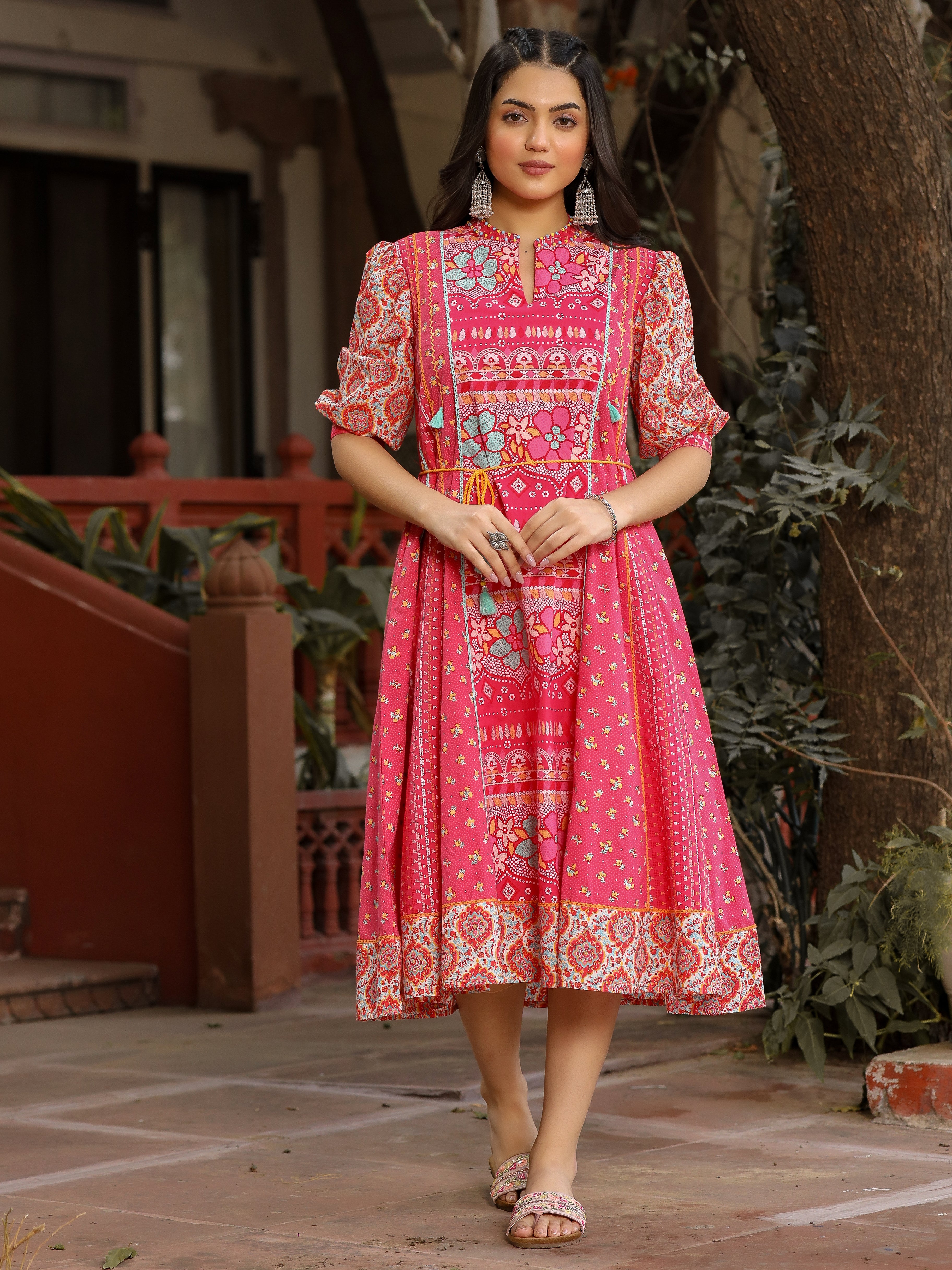 Juniper Pink Floral Printed Pure Cotton Dress & Doris With Beads Work