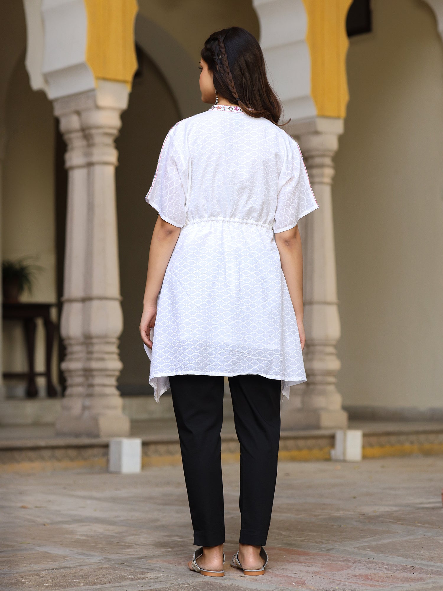 Juniper White Cotton Dobby Asymmetric Peplum Tunic With Multi Colored Thread Embroidery