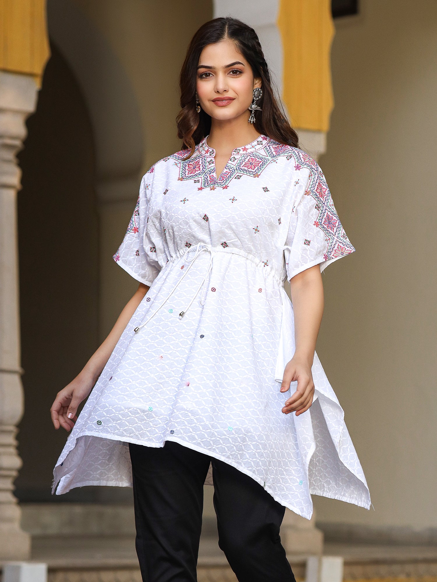 Juniper White Cotton Dobby Asymmetric Peplum Tunic With Multi Colored Thread Embroidery