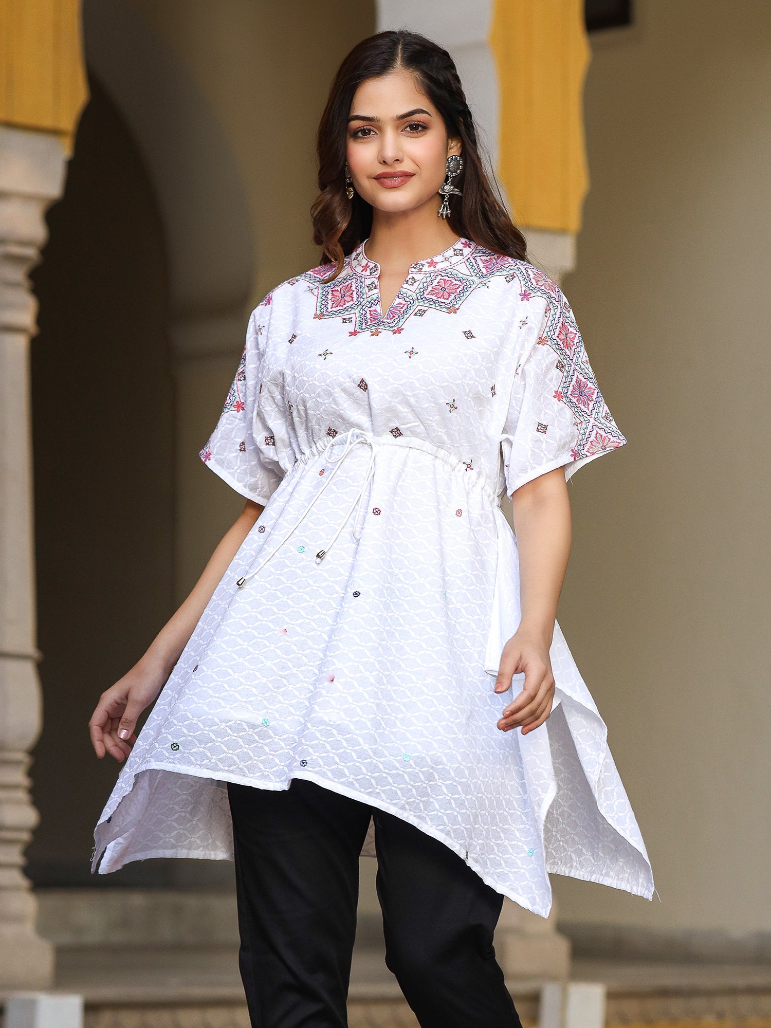 Juniper White Cotton Dobby Asymmetric Peplum Tunic With Multi Colored Thread Embroidery