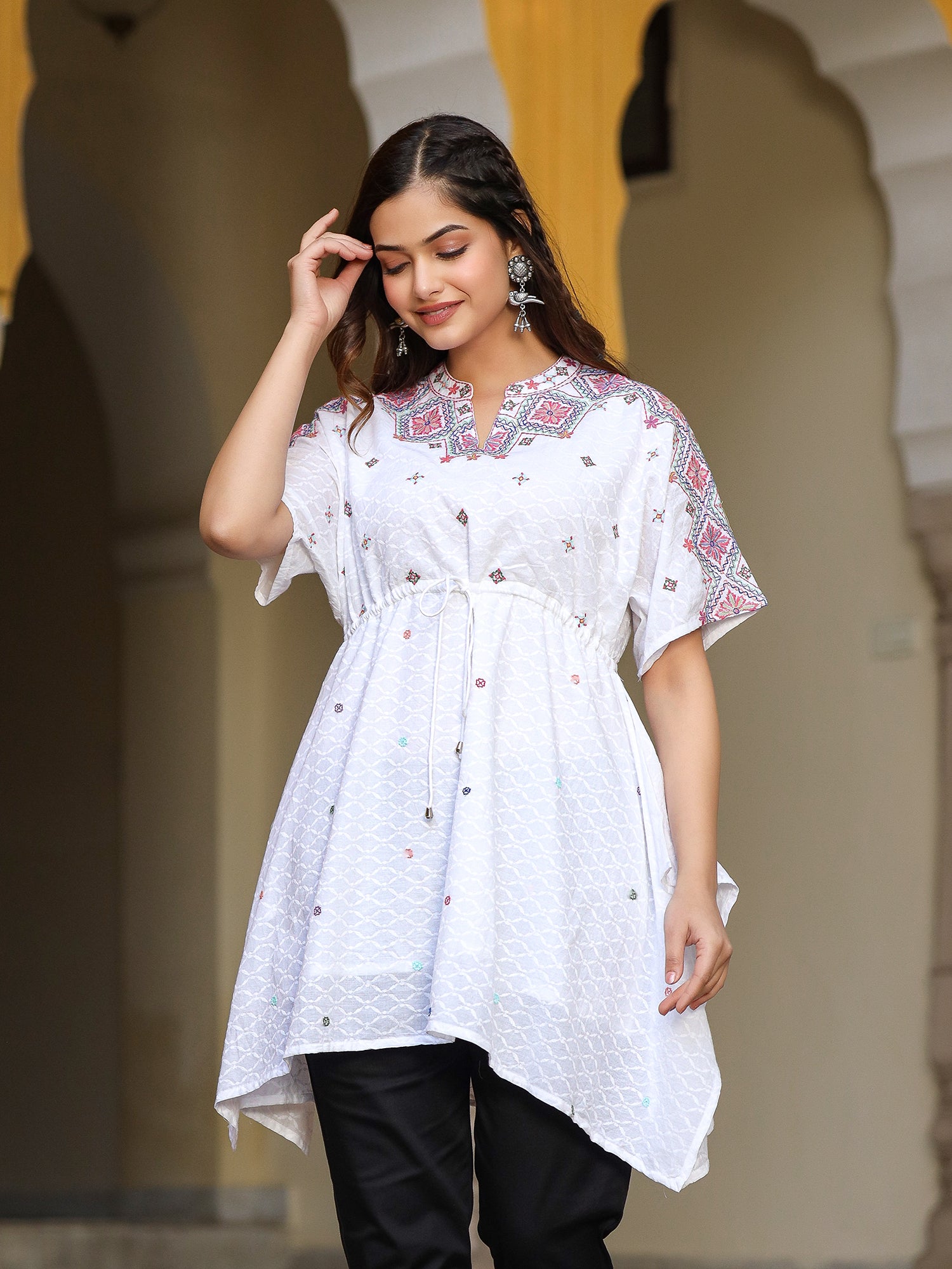 Juniper White Cotton Dobby Asymmetric Peplum Tunic With Multi Colored Thread Embroidery