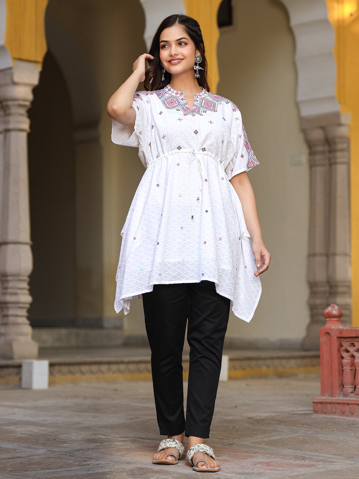 Juniper White Cotton Dobby Asymmetric Peplum Tunic With Multi Colored Thread Embroidery