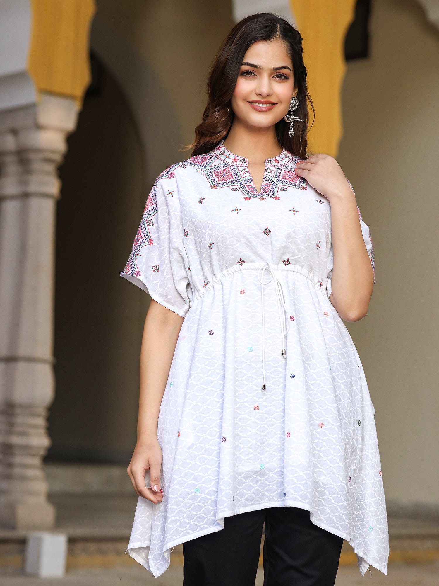 Juniper White Cotton Dobby Asymmetric Peplum Tunic With Multi Colored Thread Embroidery