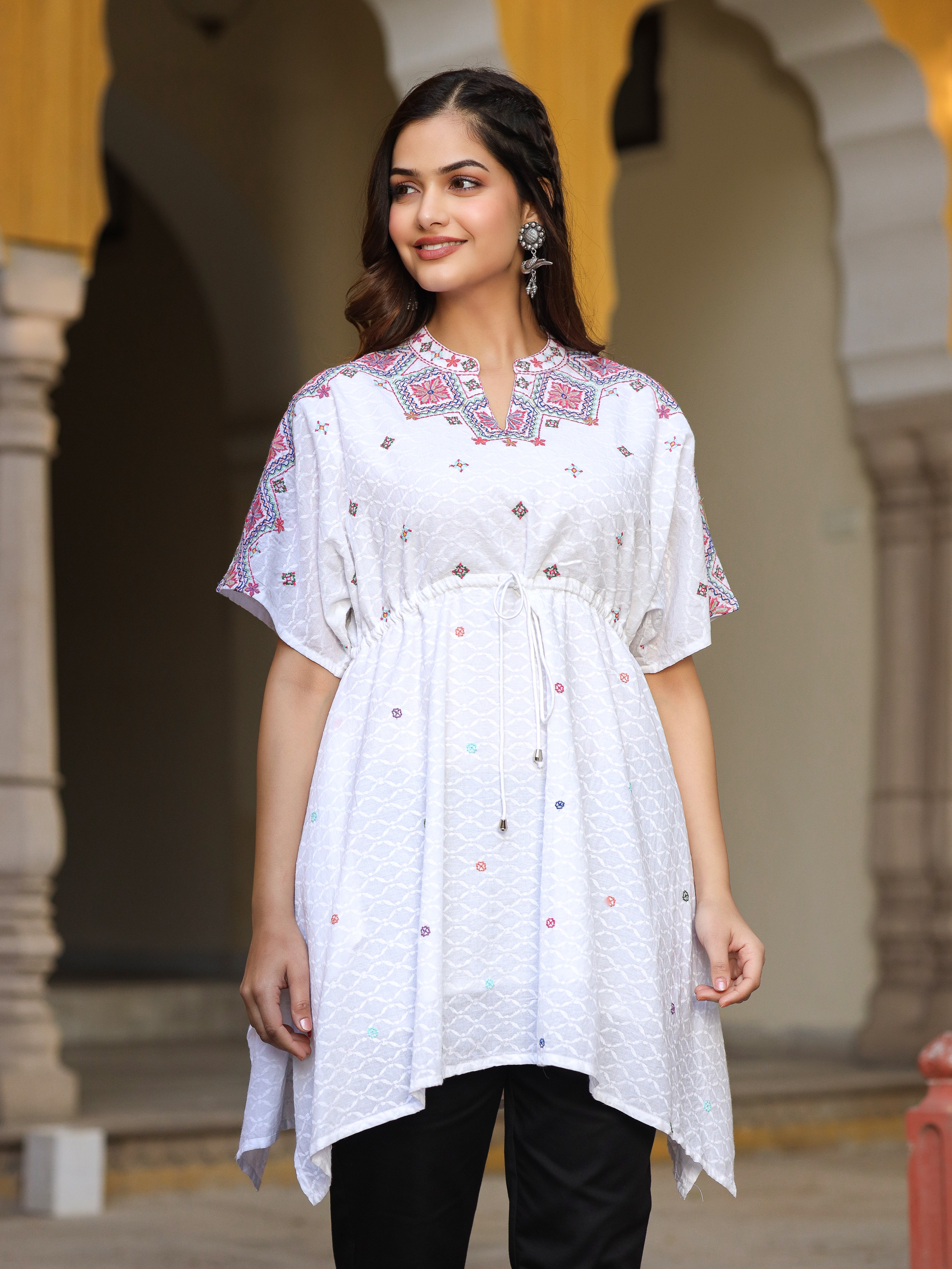 Juniper White Cotton Dobby Asymmetric Peplum Tunic With Multi Colored Thread Embroidery