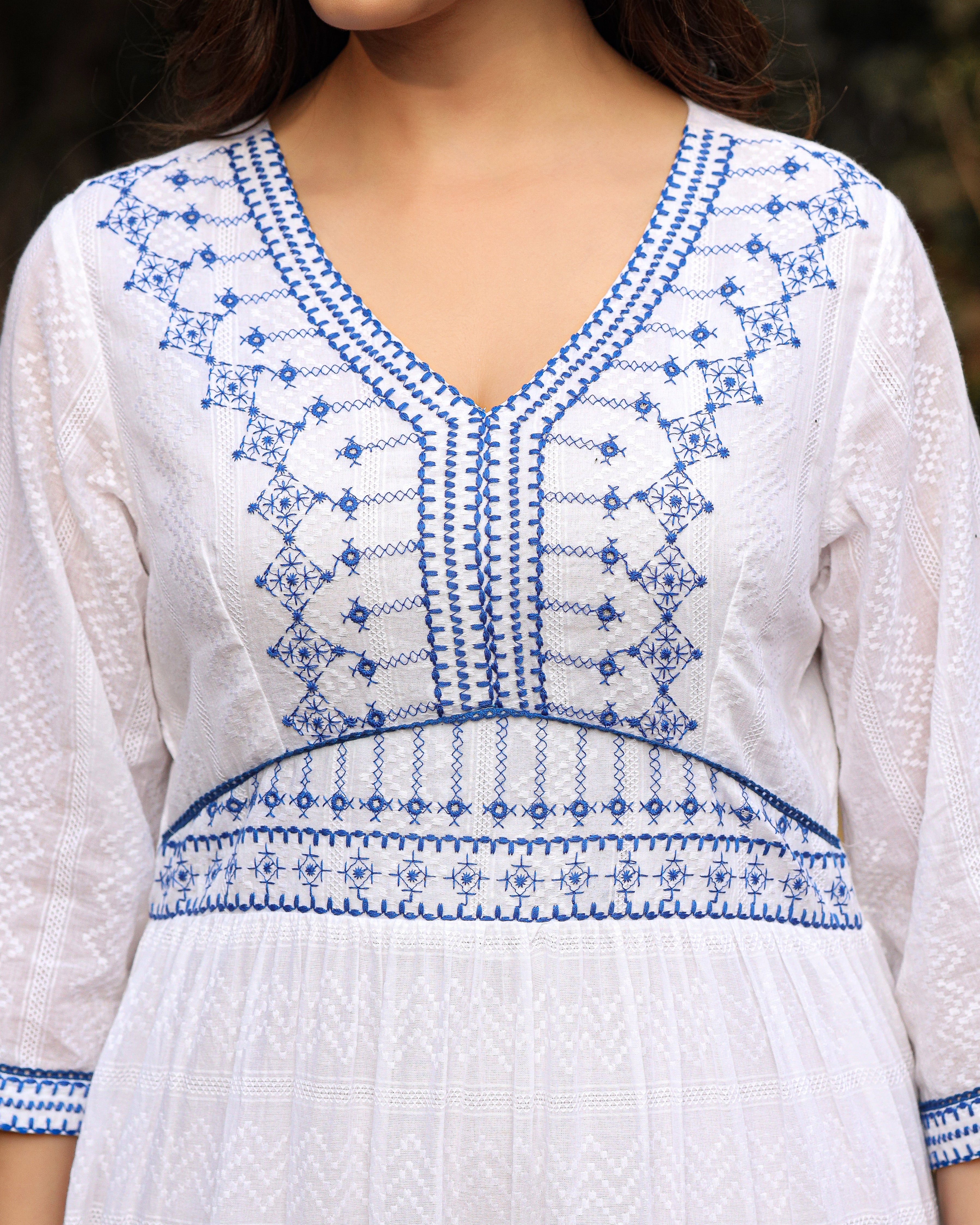 Juniper White Geometric Embroidered Cotton Dobby Short Dress
