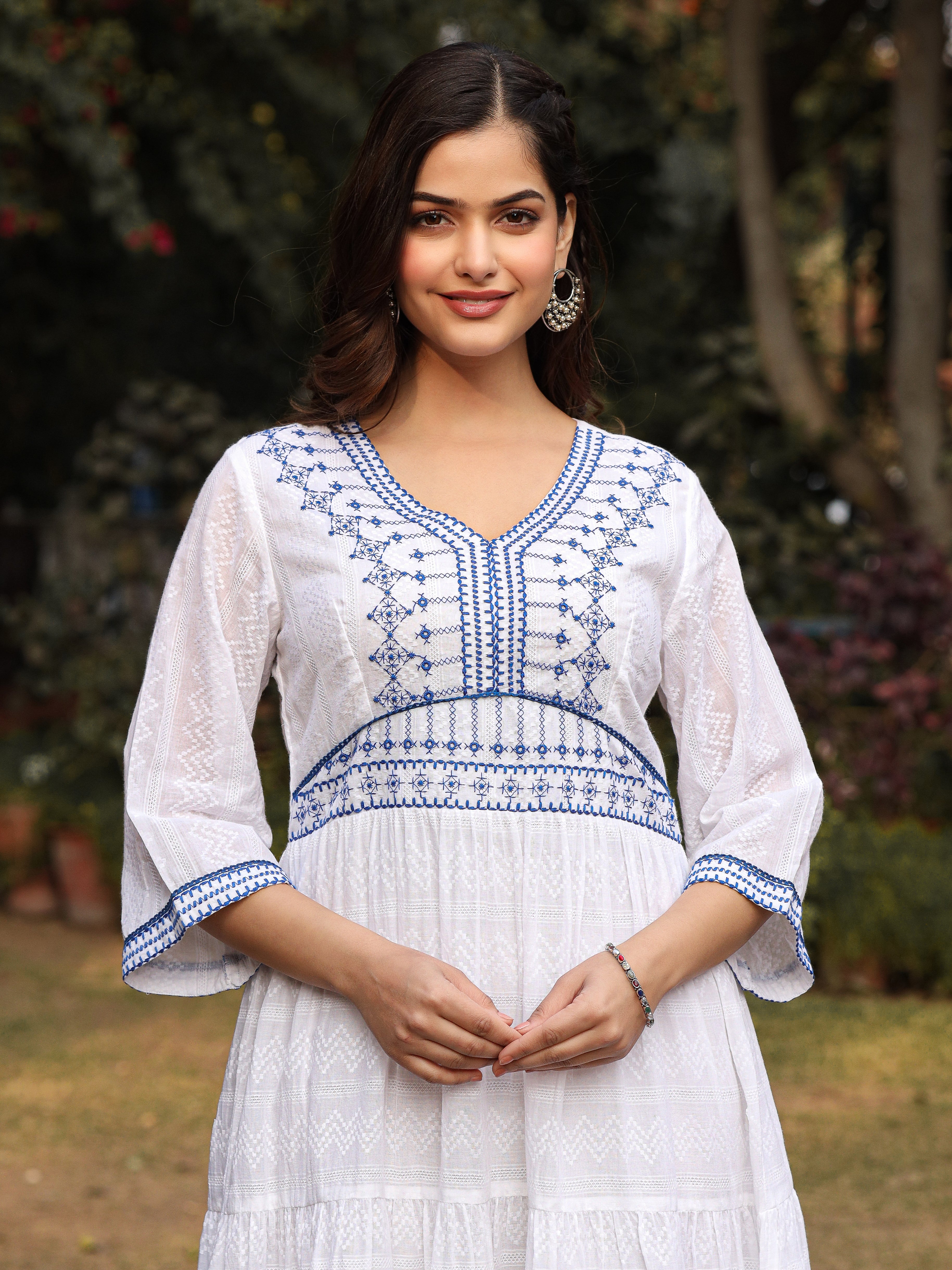 Juniper White Geometric Embroidered Cotton Dobby Short Dress