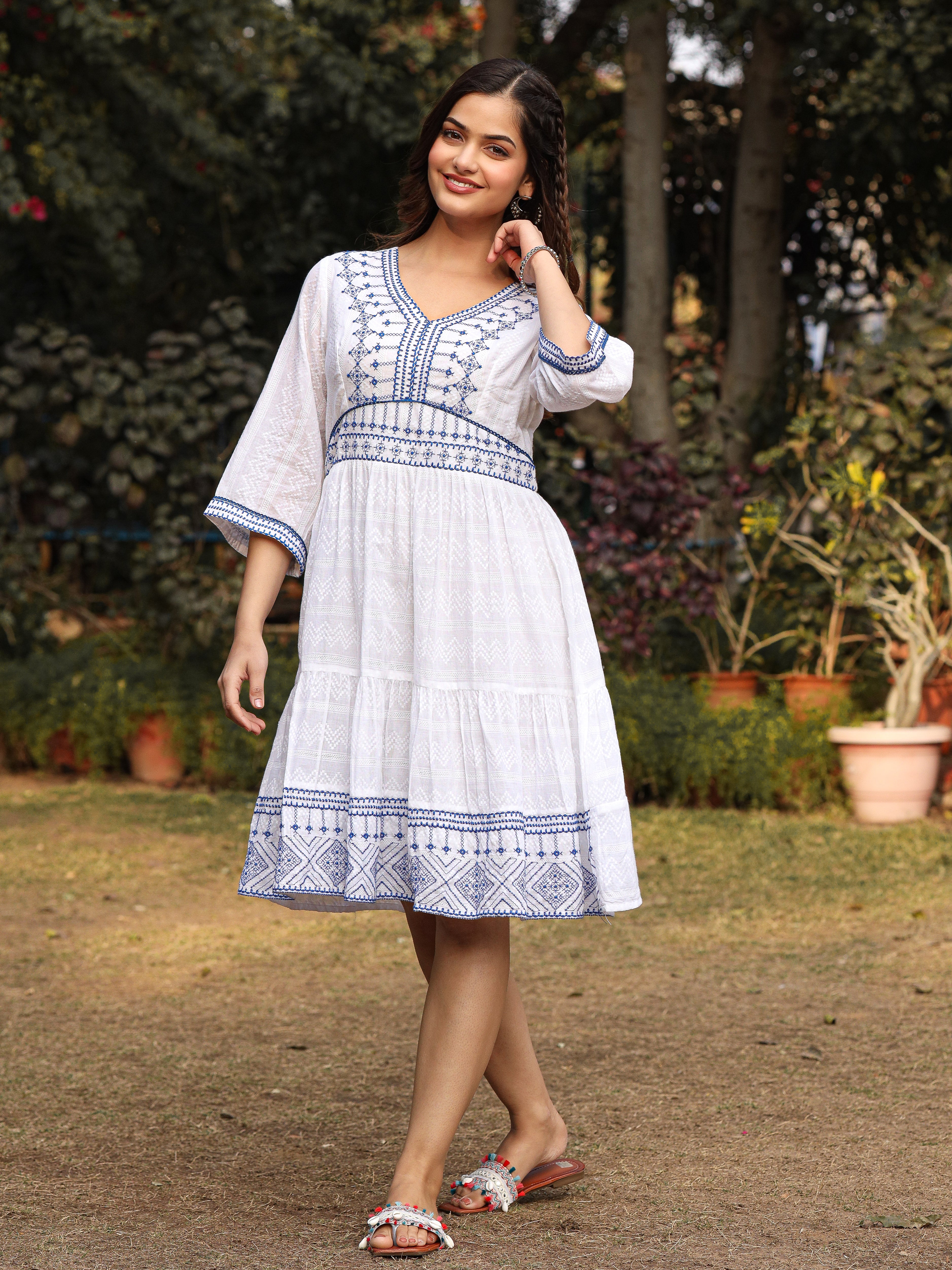 Juniper White Geometric Embroidered Cotton Dobby Short Dress