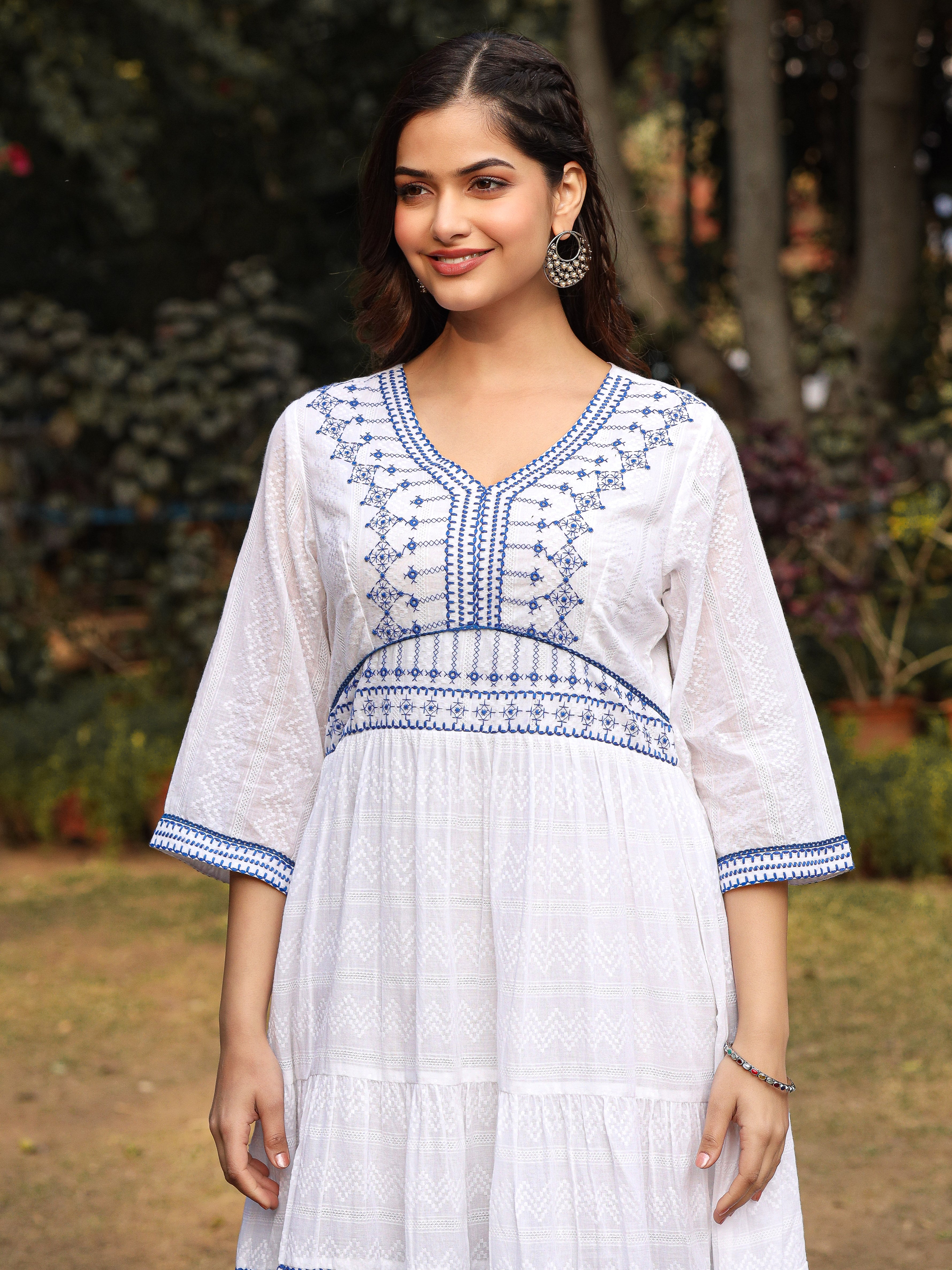 Juniper White Geometric Embroidered Cotton Dobby Short Dress