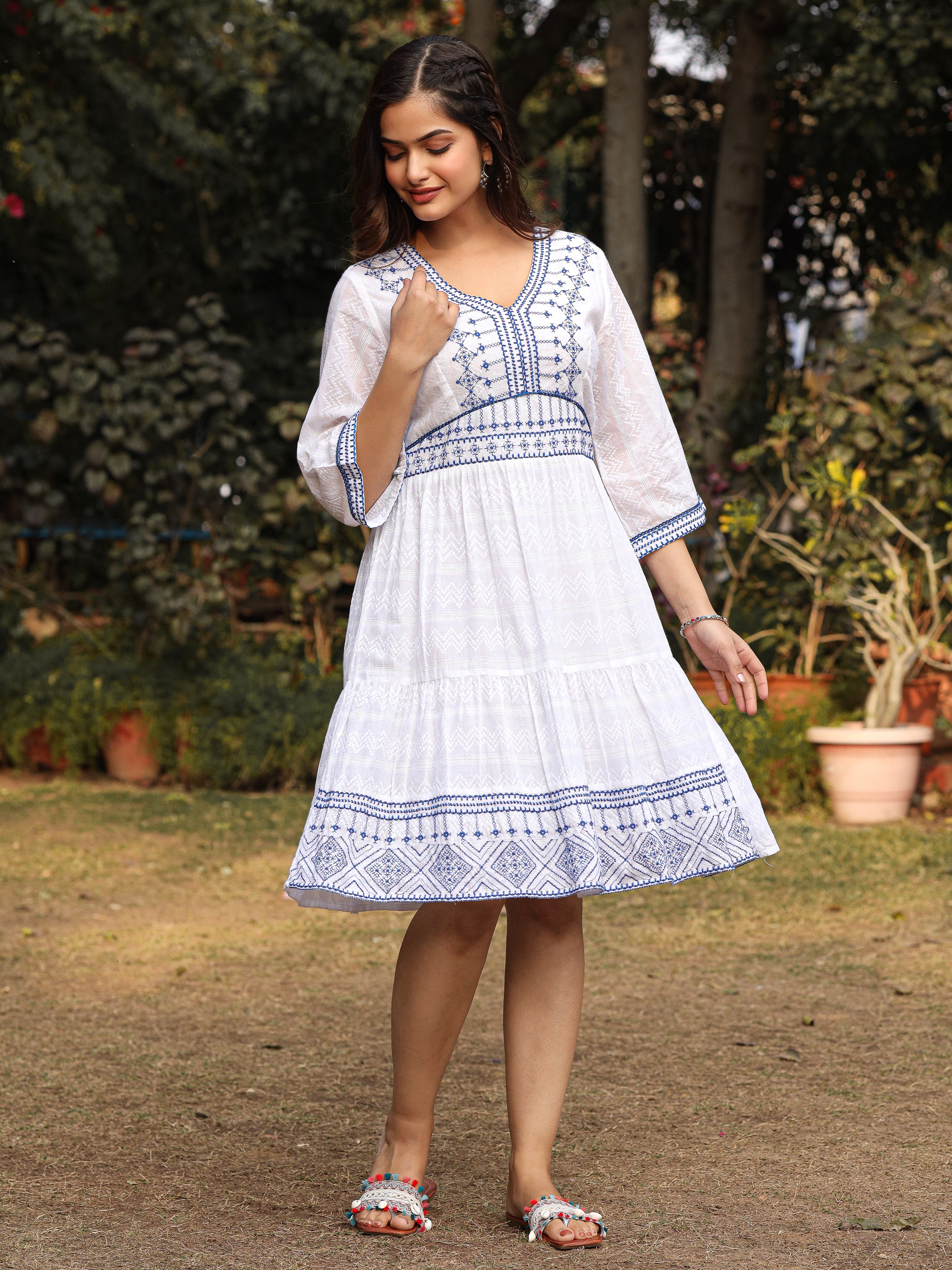 Juniper White Geometric Embroidered Cotton Dobby Short Dress