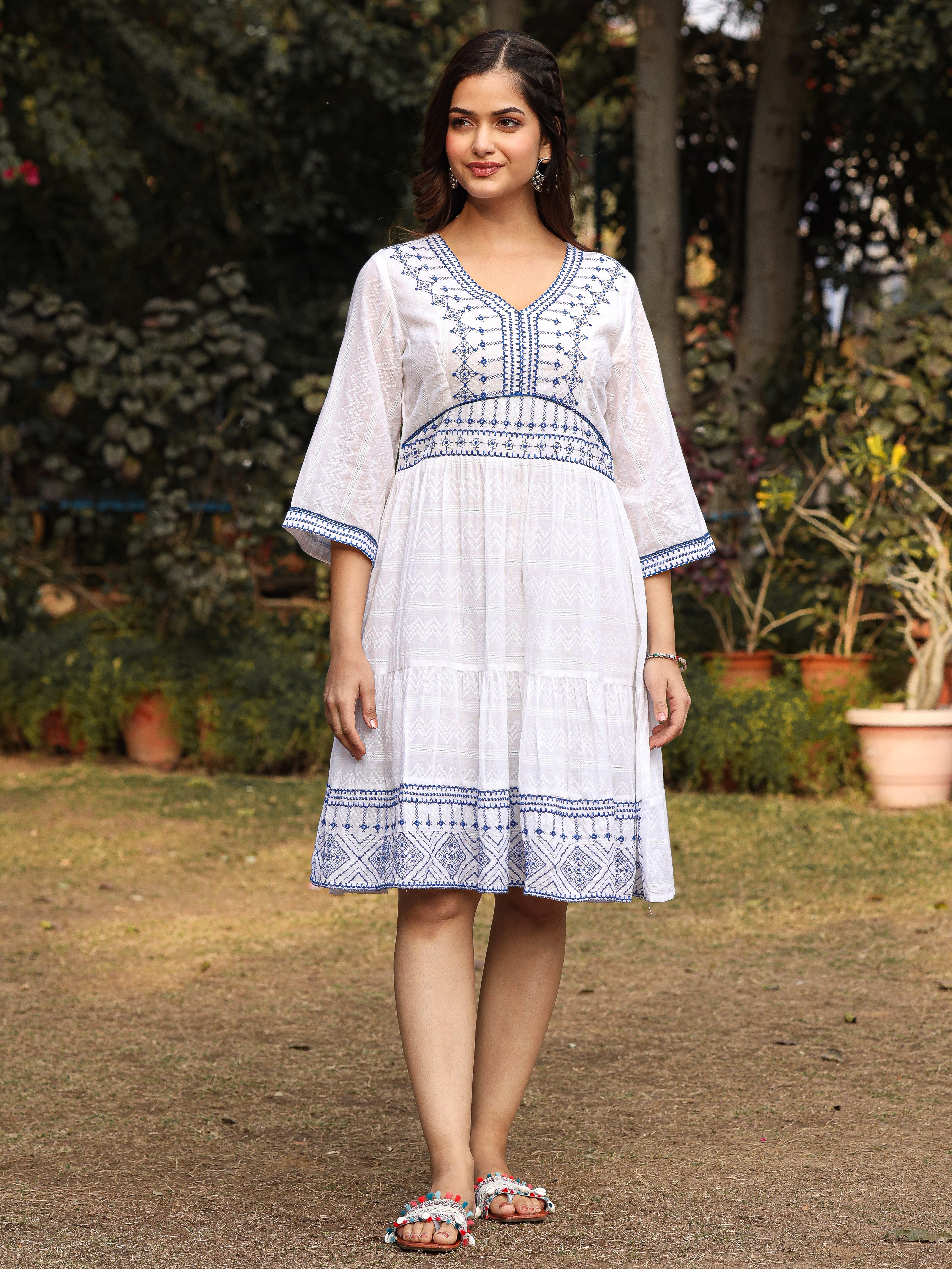 Juniper White Geometric Embroidered Cotton Dobby Short Dress