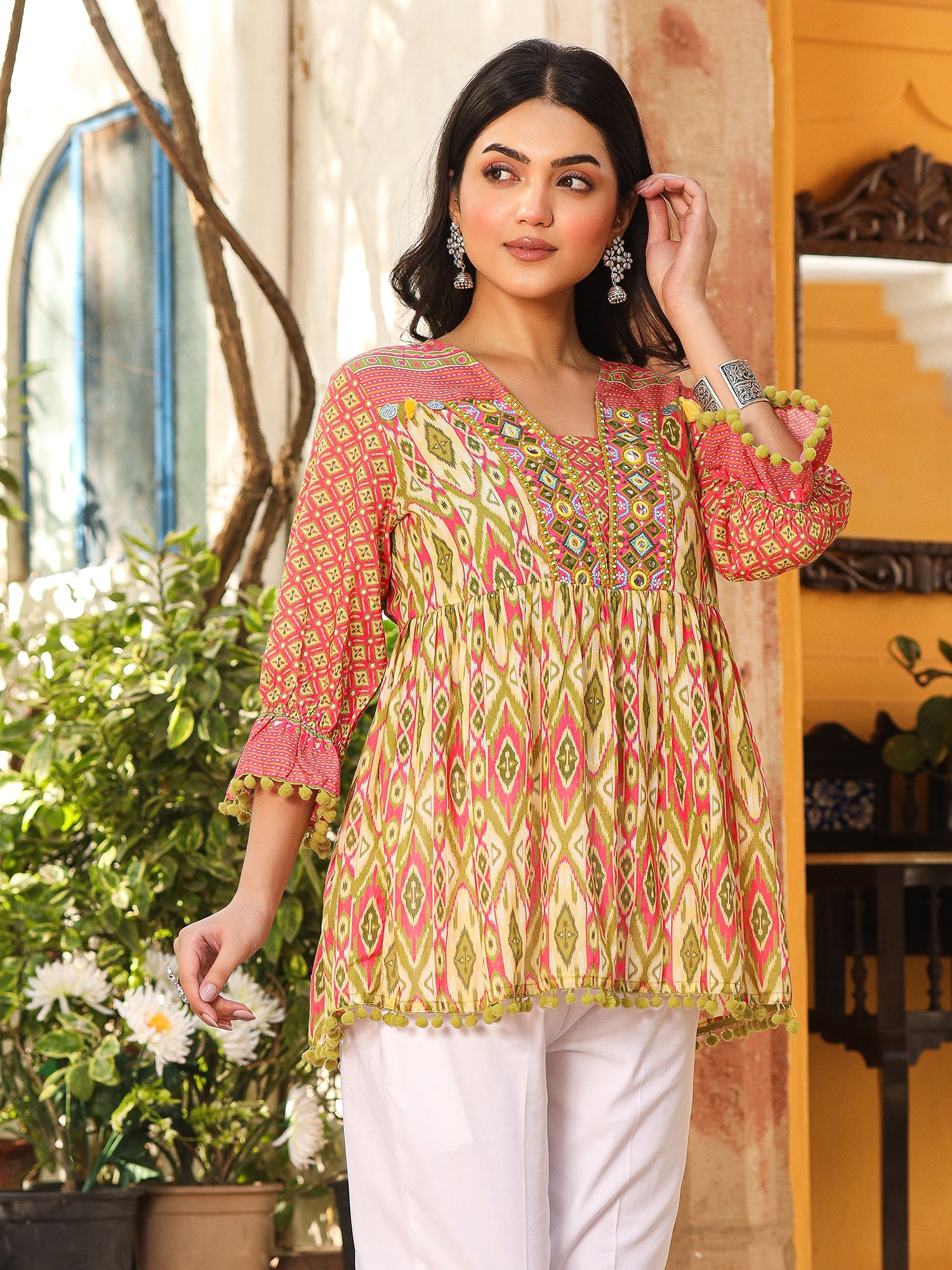 Ikat Printed & Embroidered Green Cotton Voile Peplum Tunic