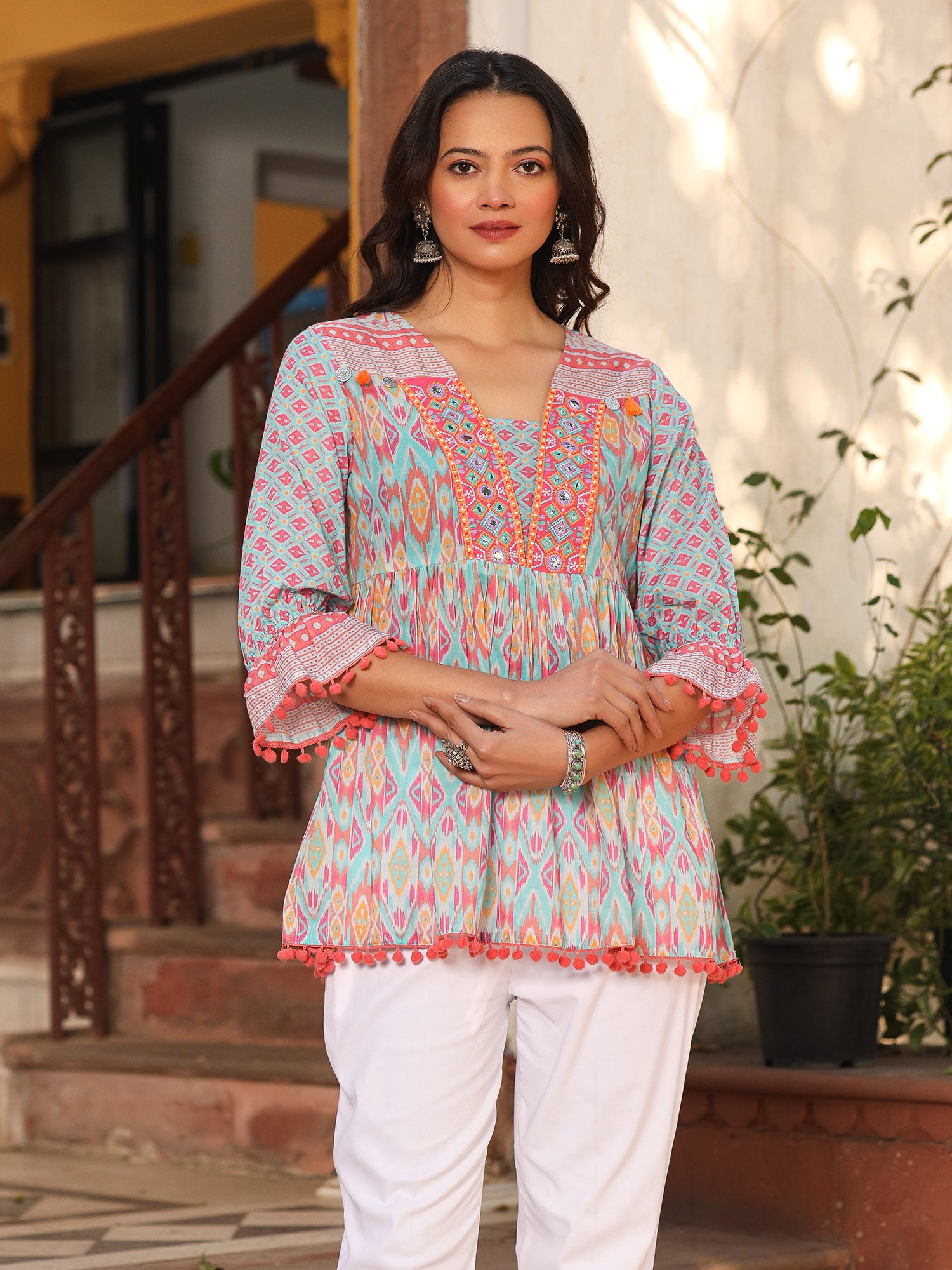 Ikat Printed & Embroidered Sky Blue Cotton Voile Peplum Tunic