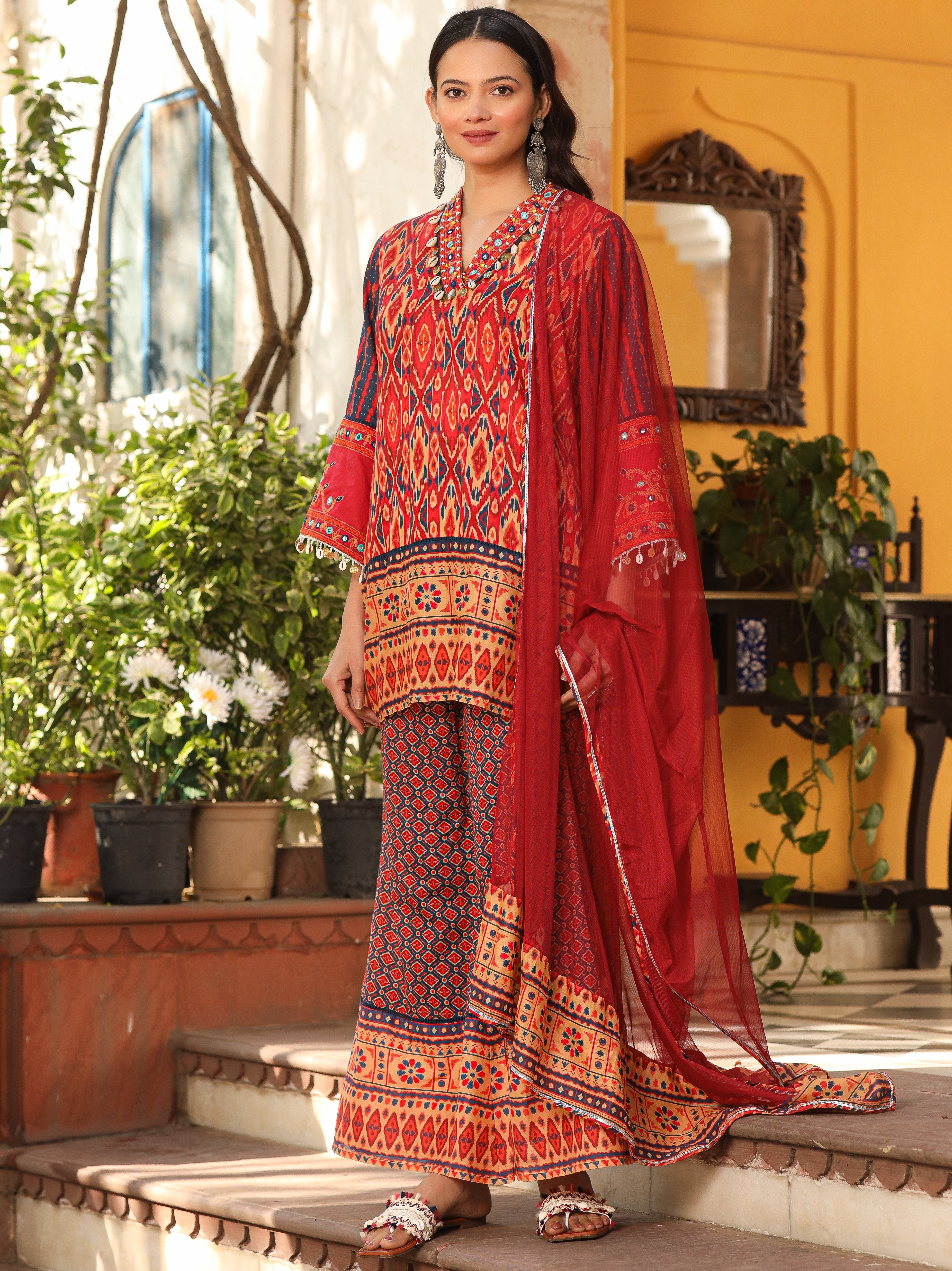 Juniper Rust Ikat Printed Cotton Voile Kurta Bell Bottom & Dupatta Set With Coins Kaudis & Mirror Work