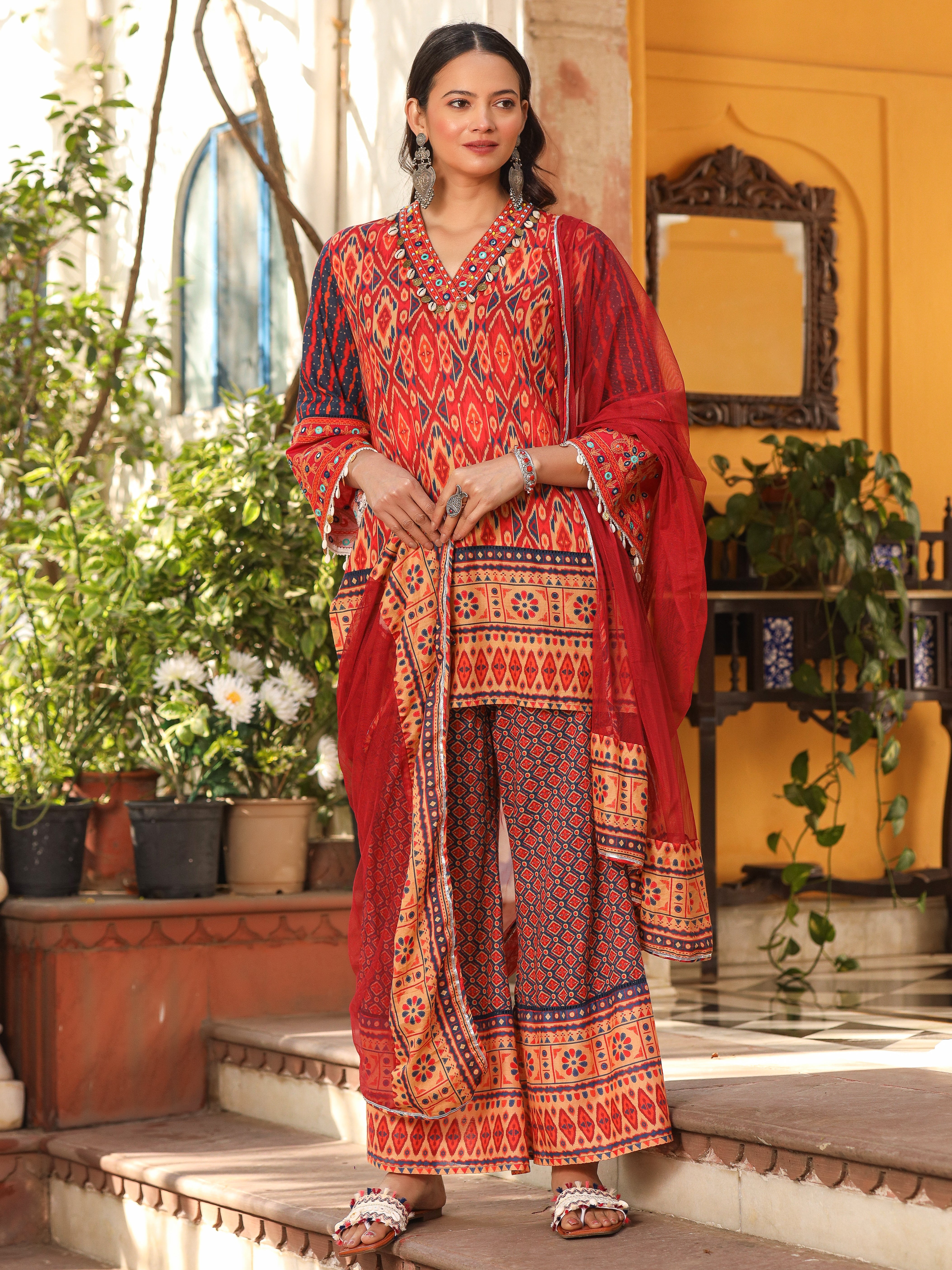 Juniper Rust Ikat Printed Cotton Voile Kurta Bell Bottom & Dupatta Set With Coins Kaudis & Mirror Work