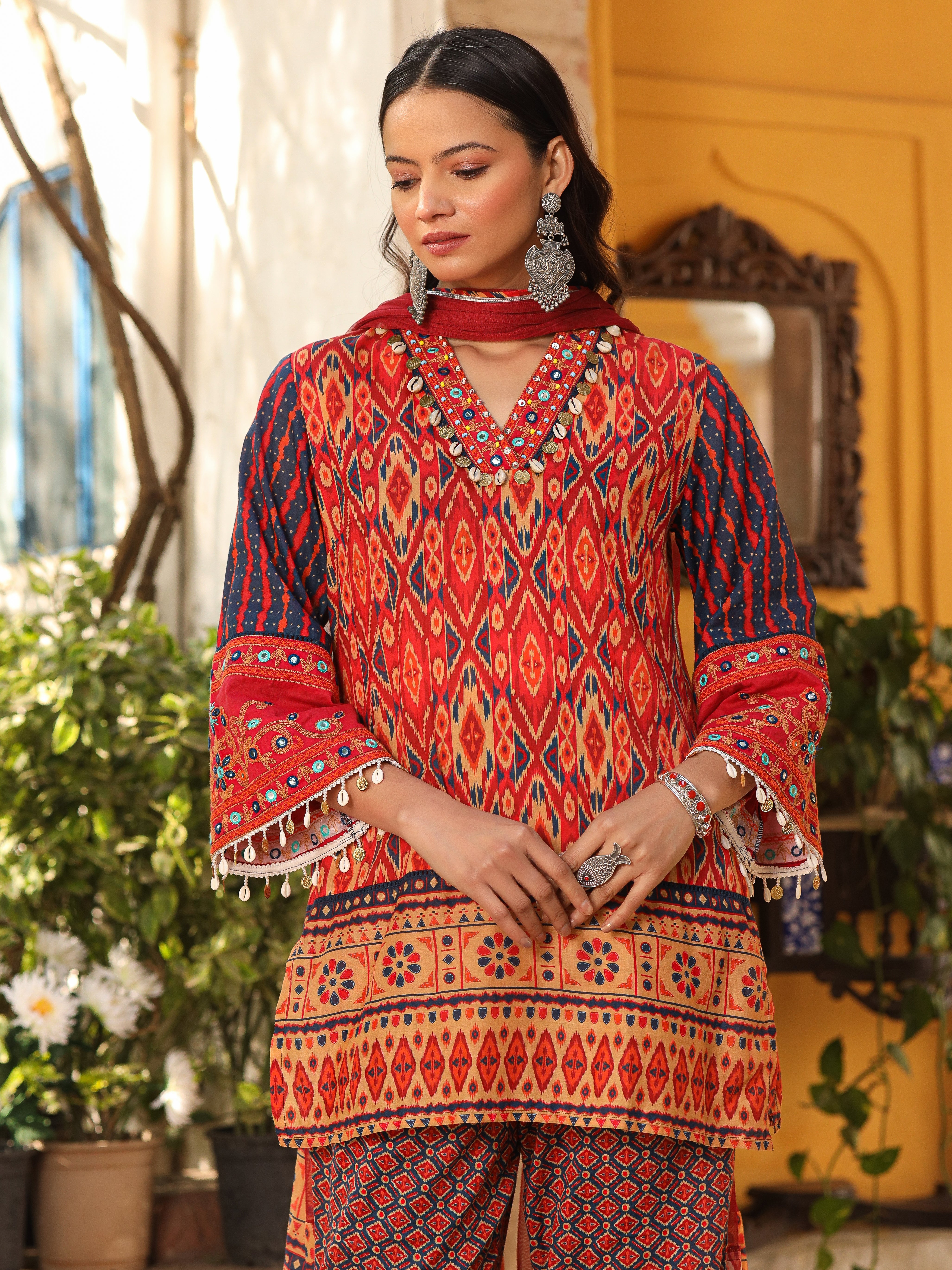 Juniper Rust Ikat Printed Cotton Voile Kurta Bell Bottom & Dupatta Set With Coins Kaudis & Mirror Work