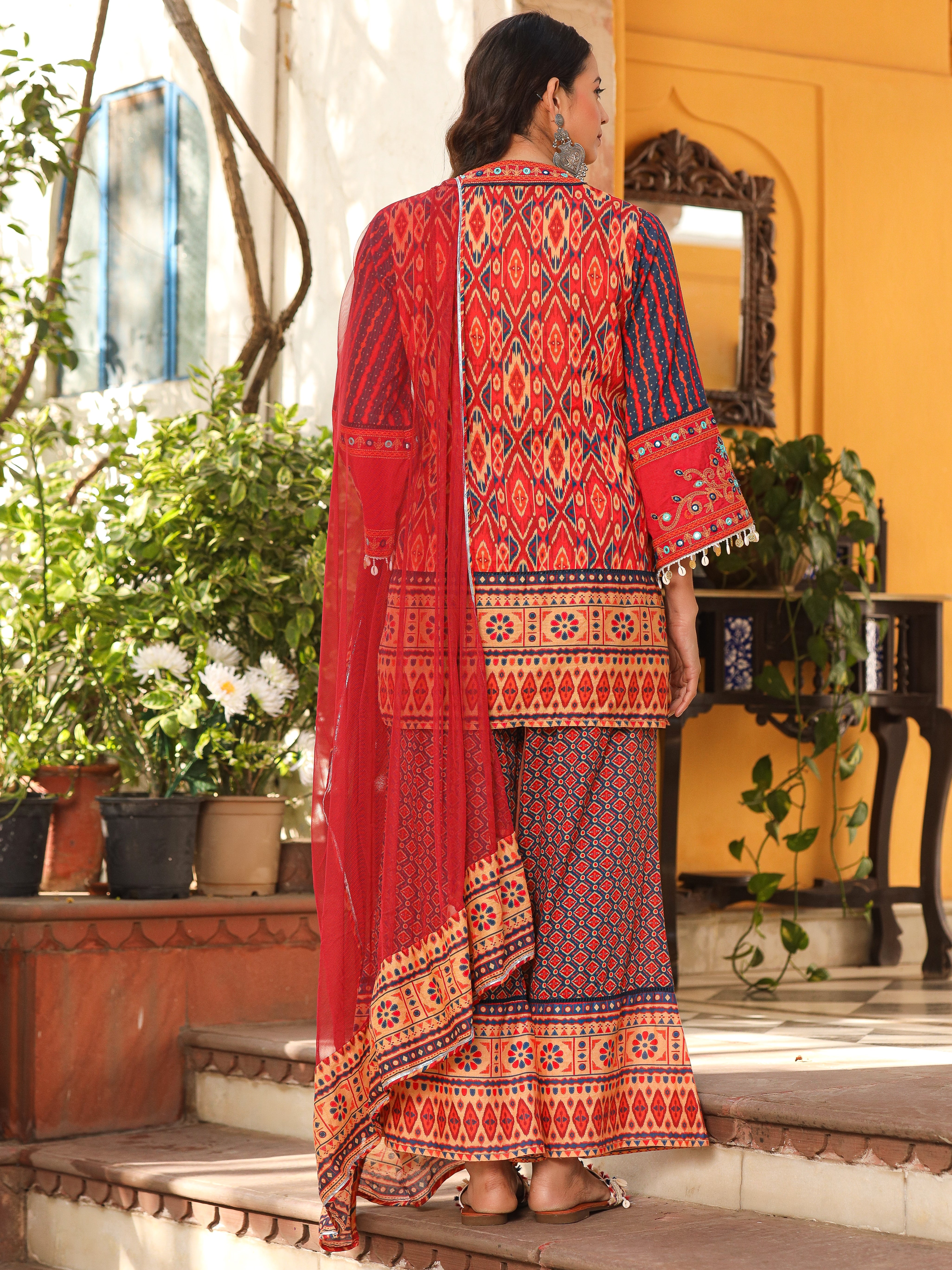Juniper Rust Ikat Printed Cotton Voile Kurta Bell Bottom & Dupatta Set With Coins Kaudis & Mirror Work