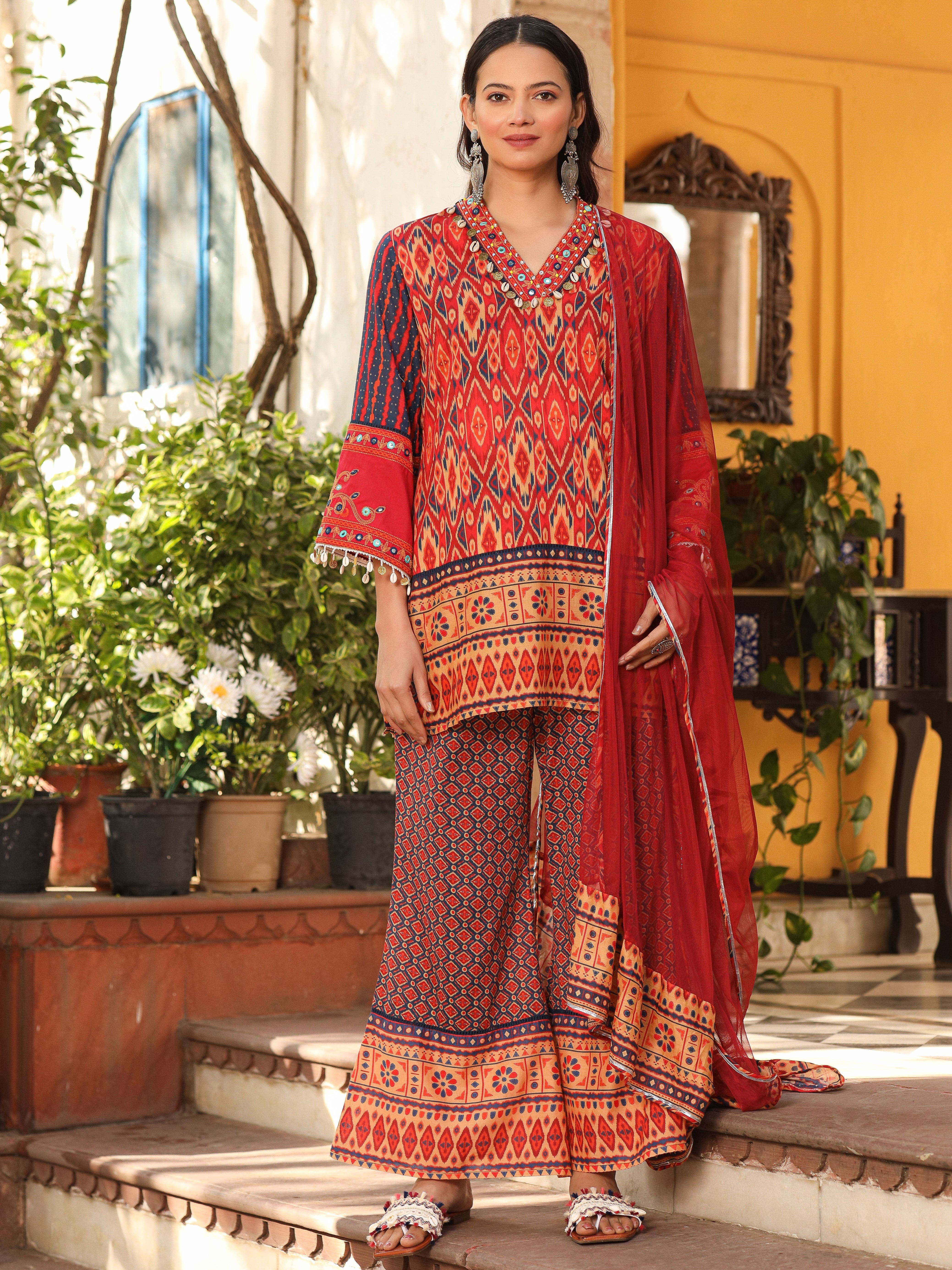Juniper Rust Ikat Printed Cotton Voile Kurta Bell Bottom & Dupatta Set With Coins Kaudis & Mirror Work