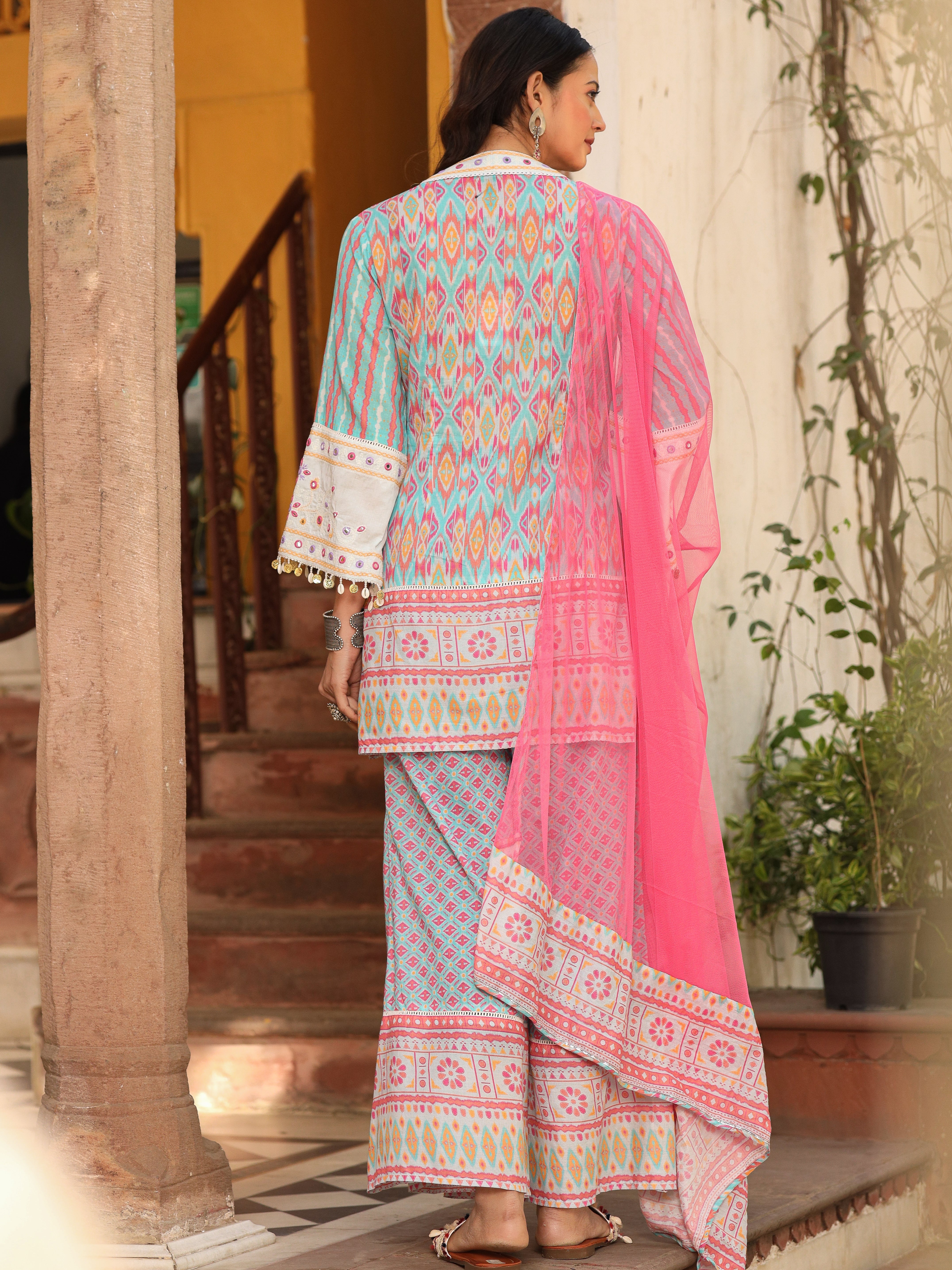 Juniper Sky Blue Ikat Printed Cotton Voile Kurta Bell Bottom & Dupatta Set With Coins Kaudi & Mirror Work