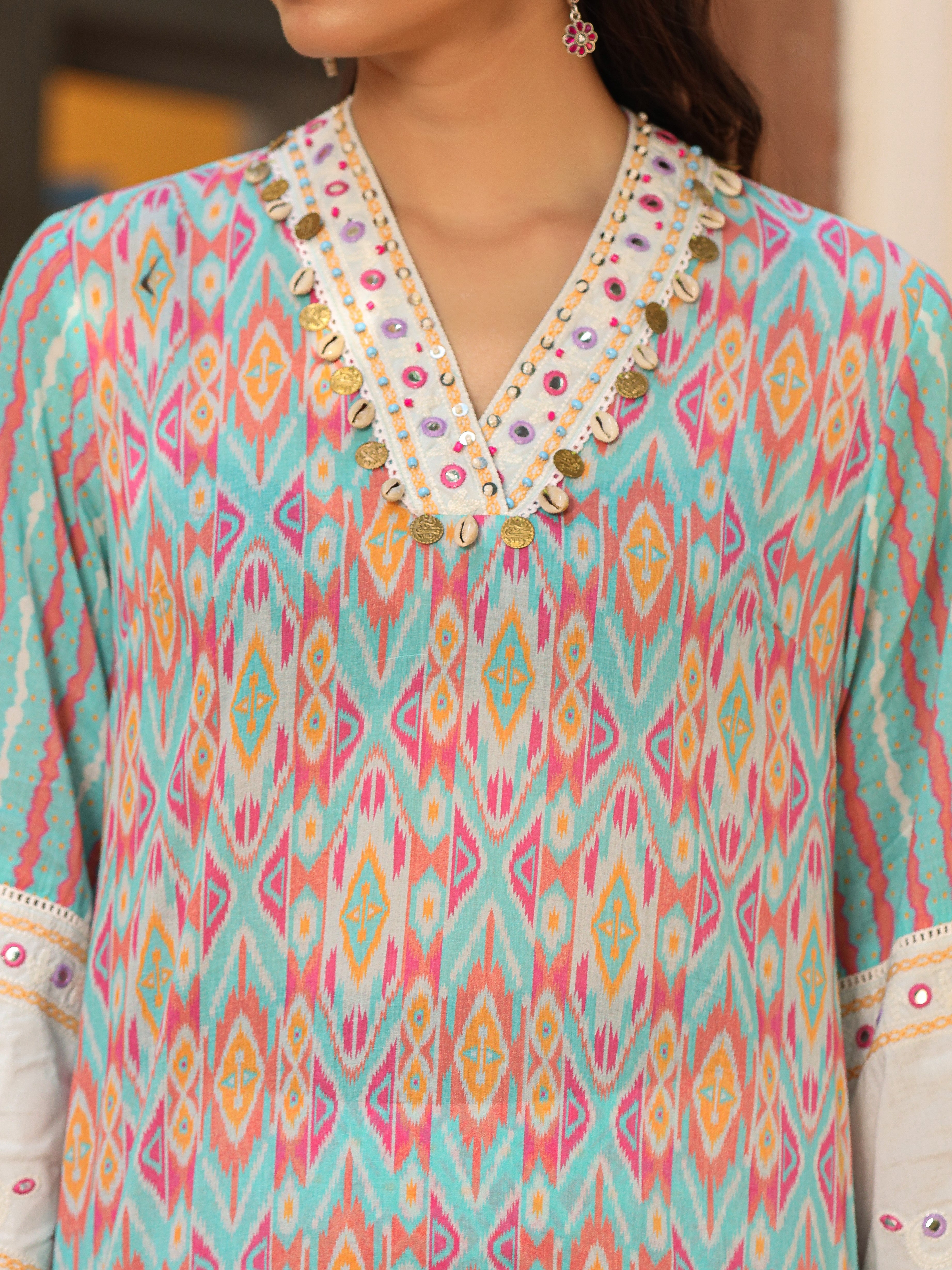 Juniper Sky Blue Ikat Printed Cotton Voile Kurta Bell Bottom & Dupatta Set With Coins Kaudi & Mirror Work