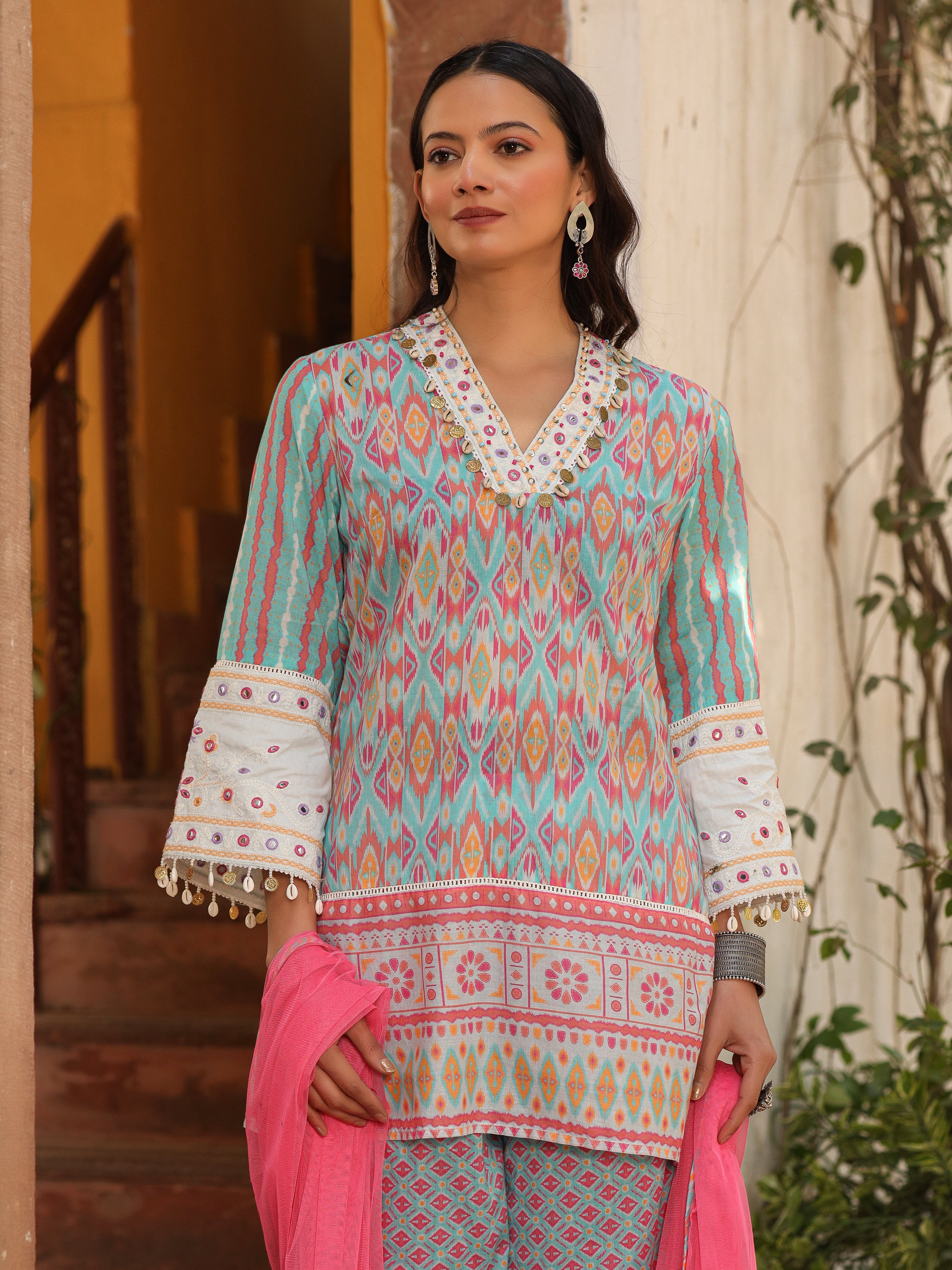 Juniper Sky Blue Ikat Printed Cotton Voile Kurta Bell Bottom & Dupatta Set With Coins Kaudi & Mirror Work