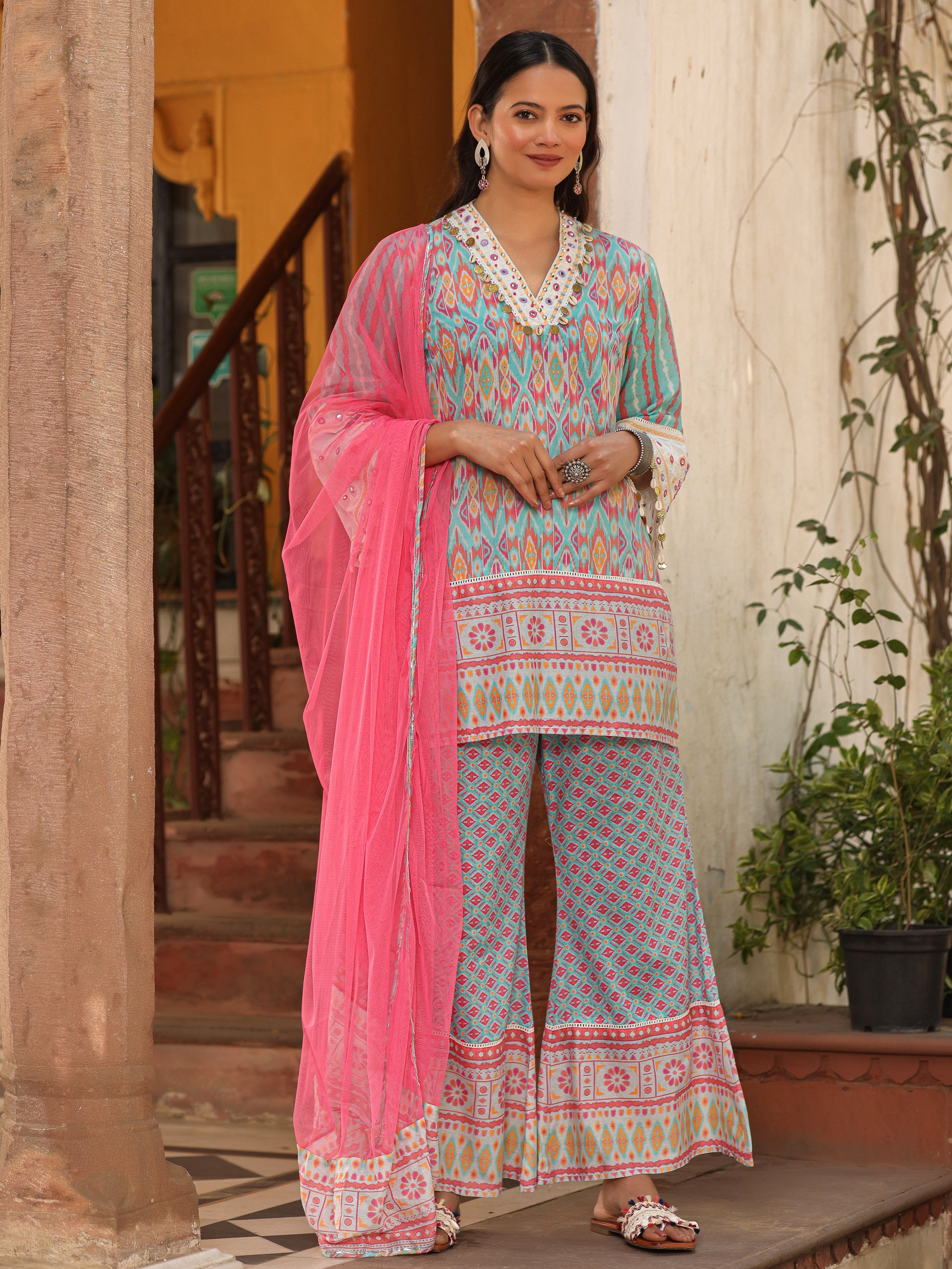 Juniper Sky Blue Ikat Printed Cotton Voile Kurta Bell Bottom & Dupatta Set With Coins Kaudi & Mirror Work