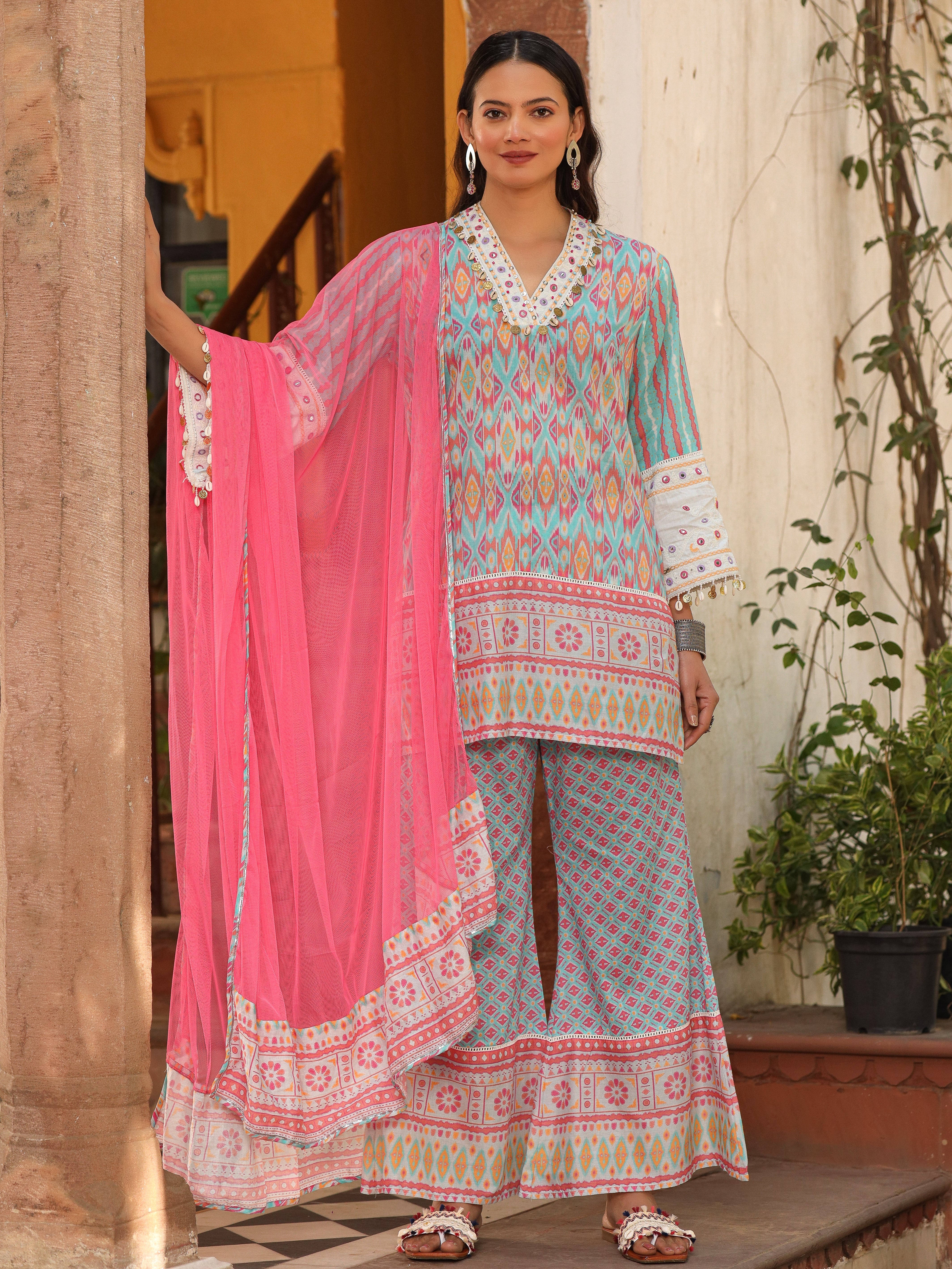 Juniper Sky Blue Ikat Printed Cotton Voile Kurta Bell Bottom & Dupatta Set With Coins Kaudi & Mirror Work