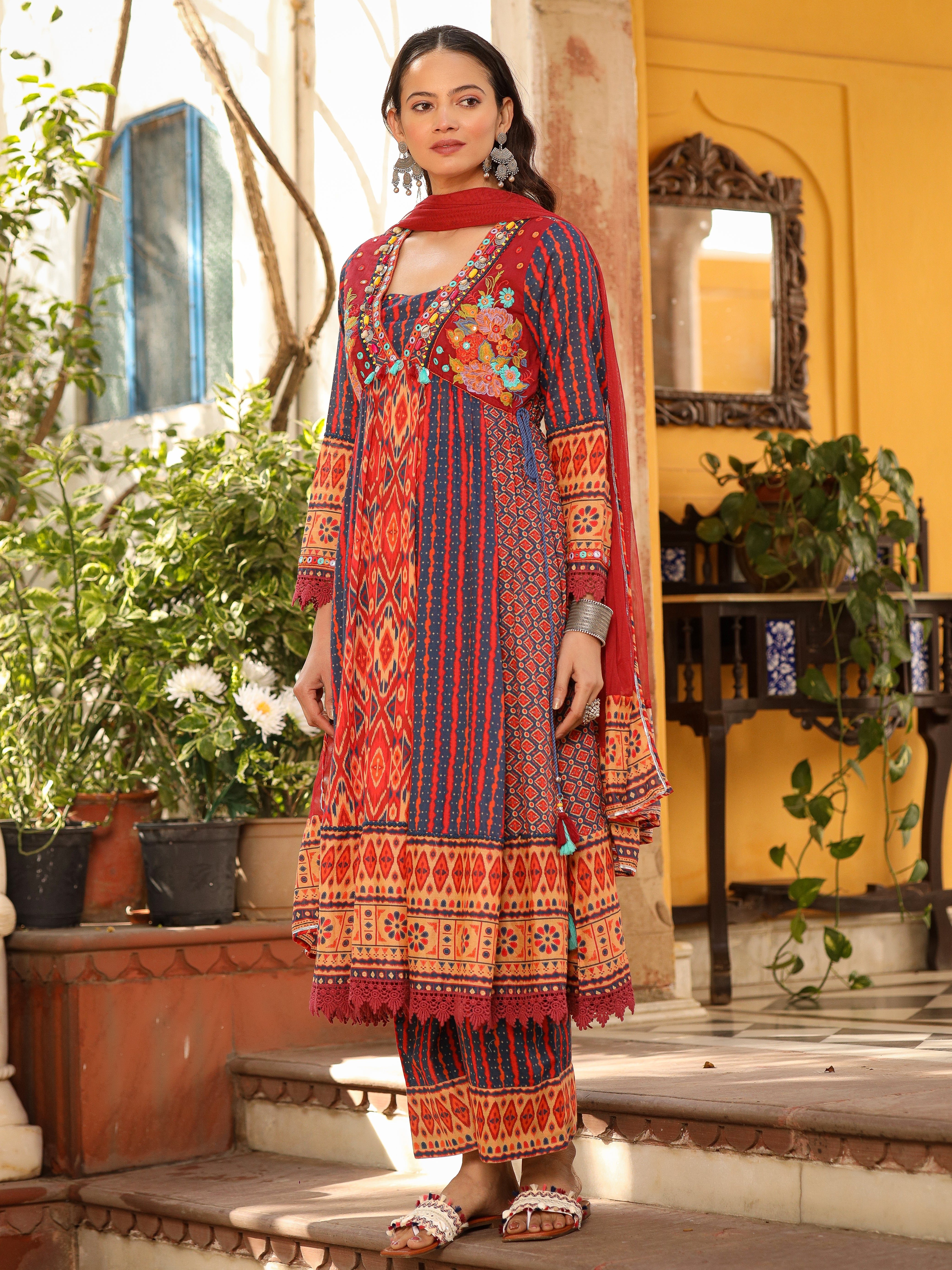 Juniper Rust Pure Cotton Ikat Printed Alia Cut Anarkali Kurta With Pant And Dupatta Set With Tassels & Thread Embroidery