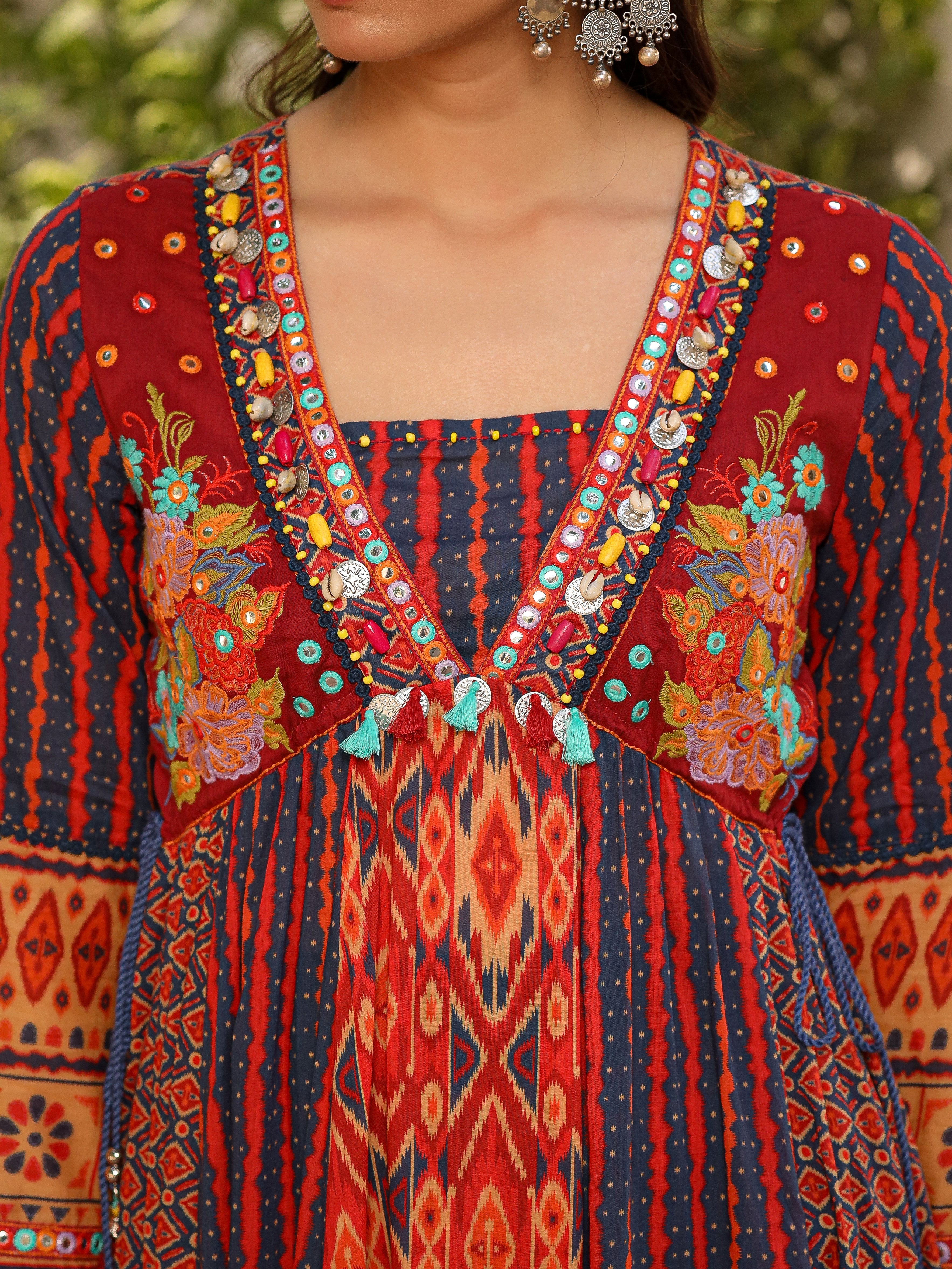 Juniper Rust Pure Cotton Ikat Printed Alia Cut Anarkali Kurta With Pant And Dupatta Set With Tassels & Thread Embroidery