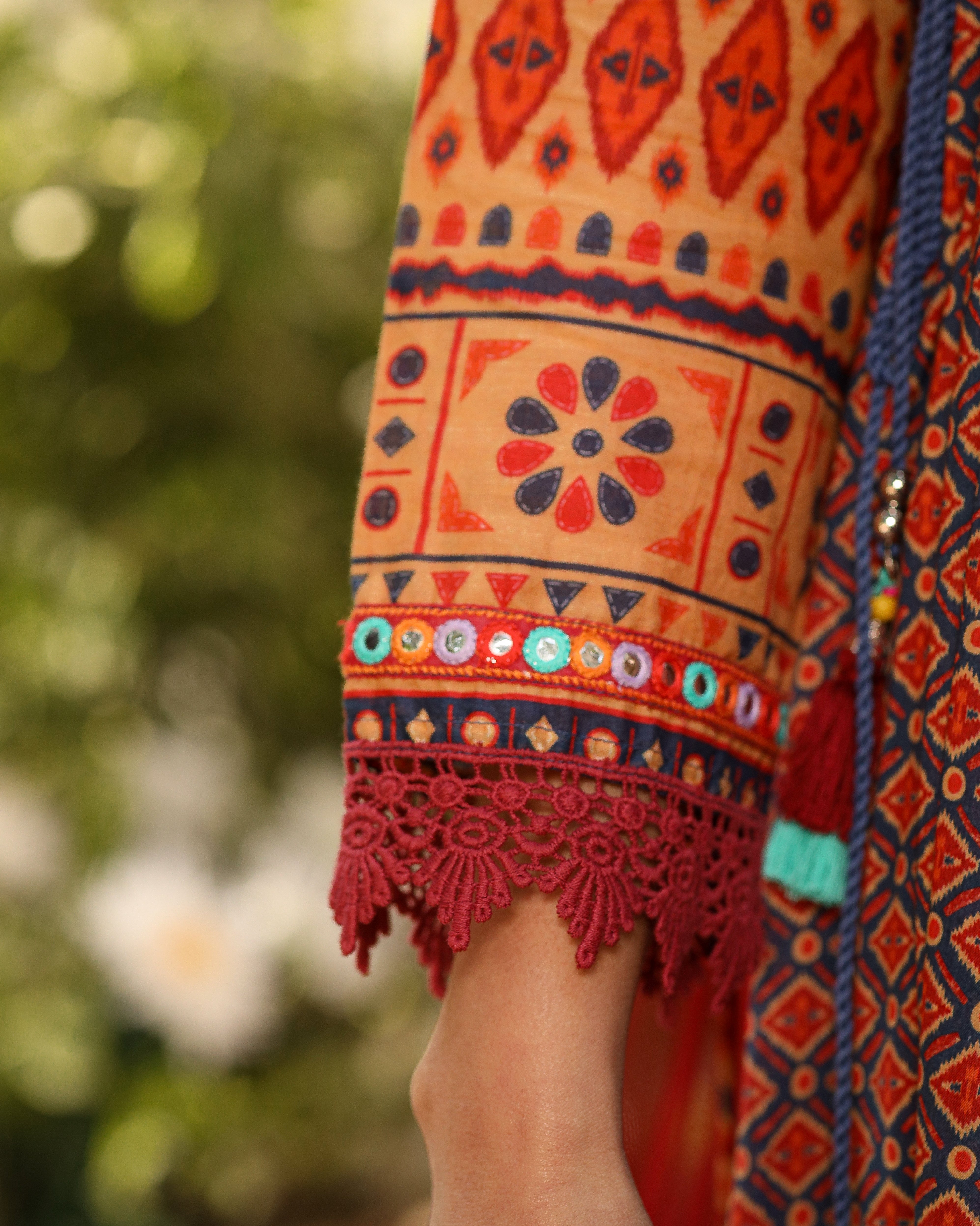 Juniper Rust Pure Cotton Ikat Printed Alia Cut Anarkali Kurta With Pant And Dupatta Set With Tassels & Thread Embroidery