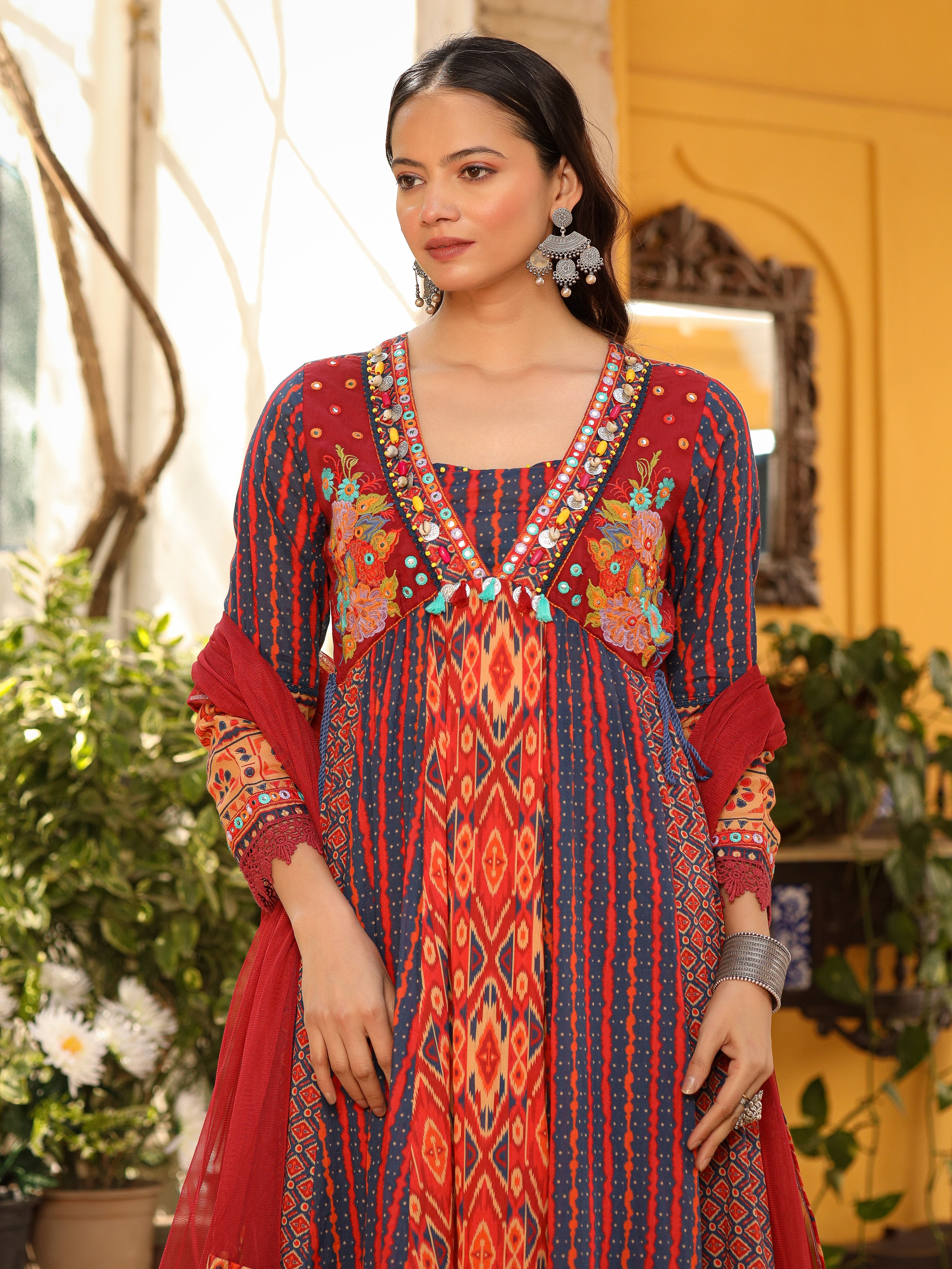 Juniper Rust Pure Cotton Ikat Printed Alia Cut Anarkali Kurta With Pant And Dupatta Set With Tassels & Thread Embroidery