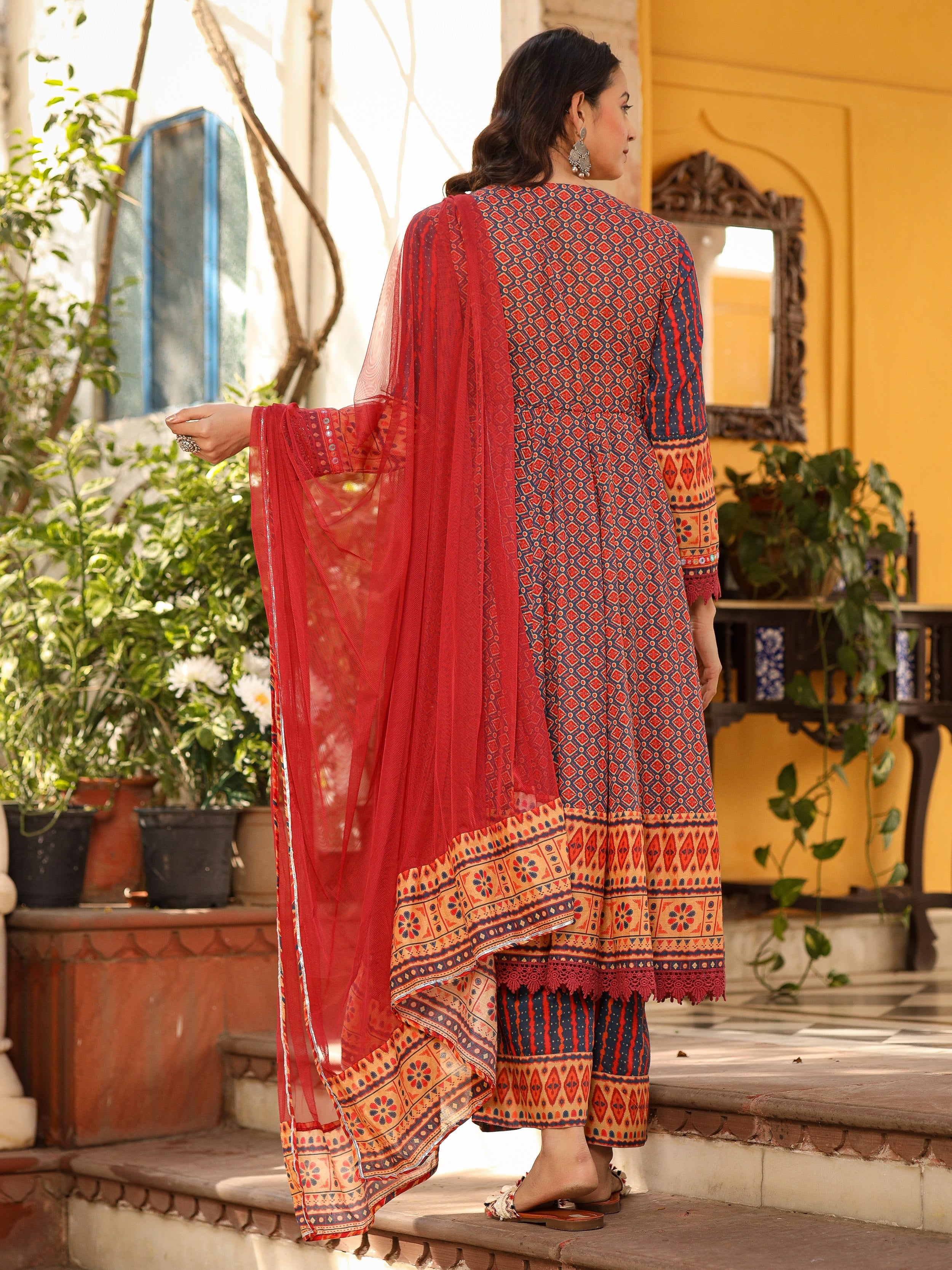 Juniper Rust Pure Cotton Ikat Printed Alia Cut Anarkali Kurta With Pant And Dupatta Set With Tassels & Thread Embroidery