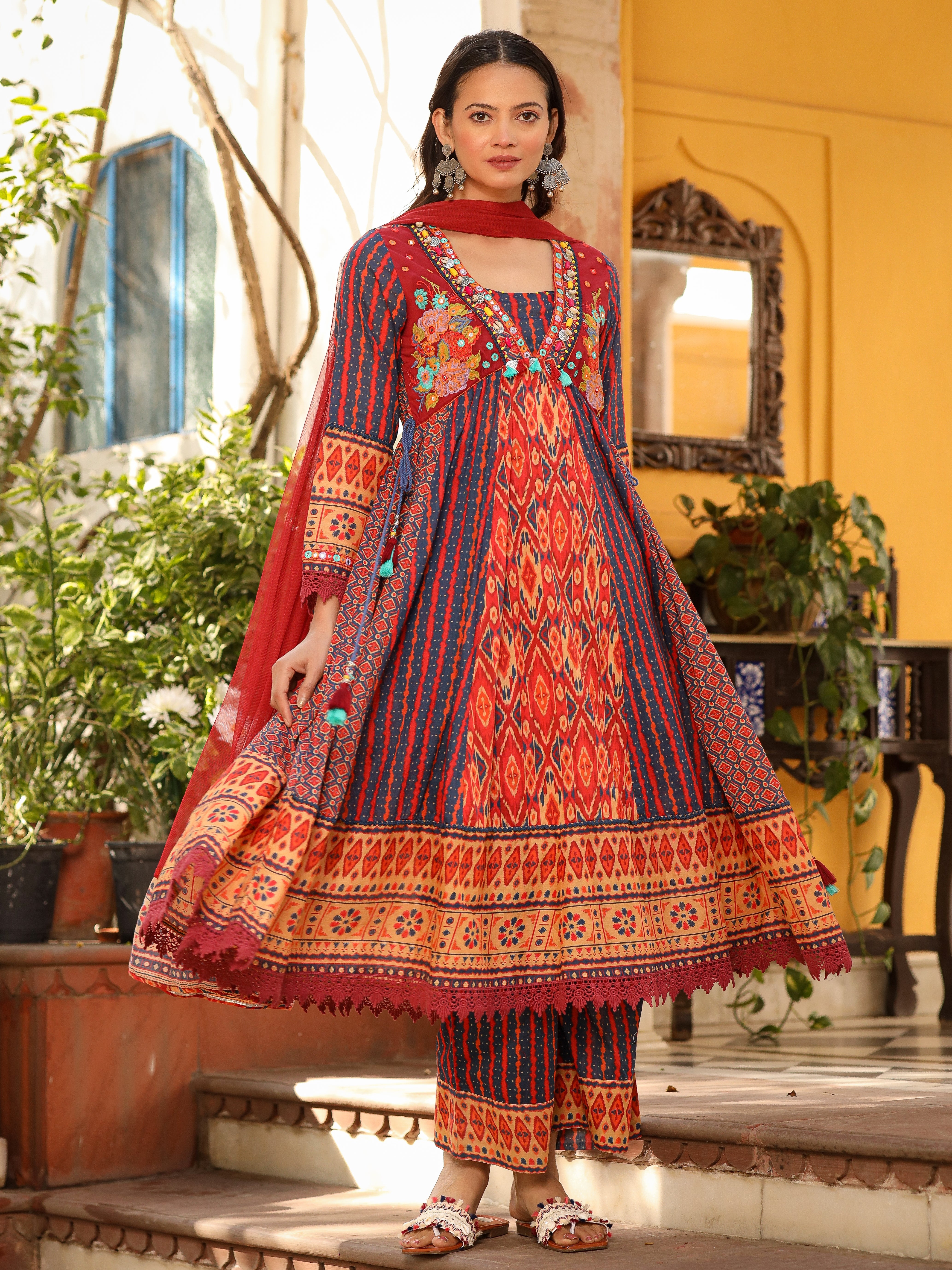 Juniper Rust Pure Cotton Ikat Printed Alia Cut Anarkali Kurta With Pant And Dupatta Set With Tassels & Thread Embroidery