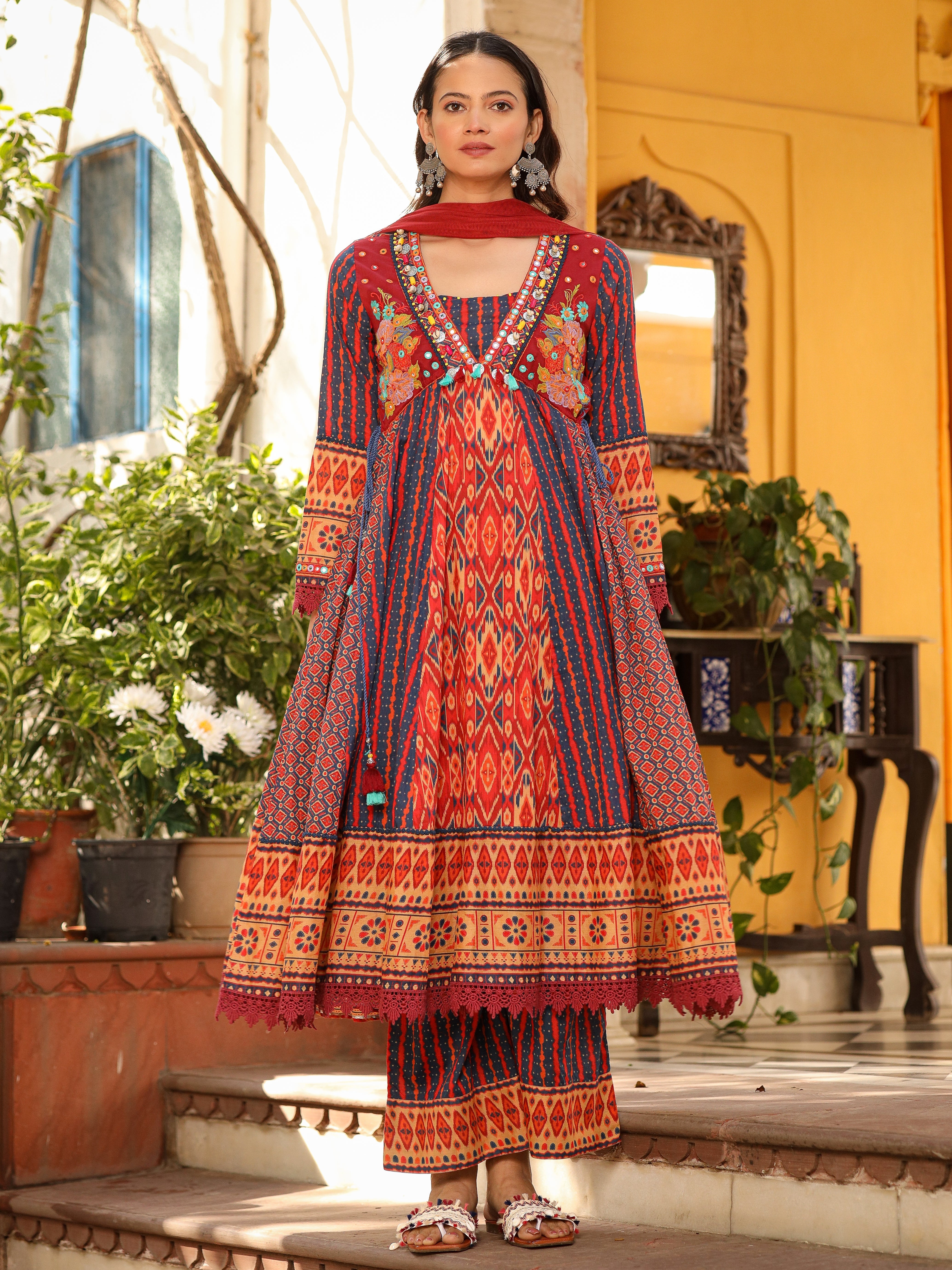 Juniper Rust Pure Cotton Ikat Printed Alia Cut Anarkali Kurta With Pant And Dupatta Set With Tassels & Thread Embroidery